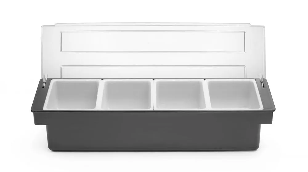 HENDI Porta Condimenti BarUp, Vaschetta Porta Guarnizioni per Cocktail con Coperchio Trasparente, 4 Contenitori in Polipropilene, 480x150x(H) 100mm, HIPS, Nero - immagine 1