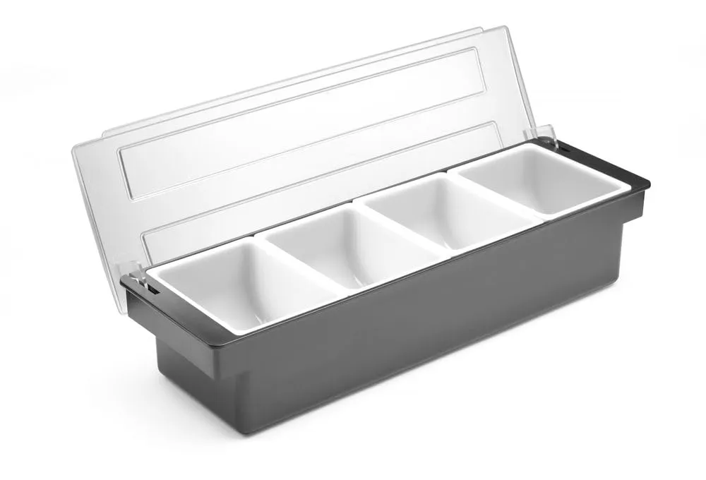 HENDI Porta Condimenti BarUp, Vaschetta Porta Guarnizioni per Cocktail con Coperchio Trasparente, 4 Contenitori in Polipropilene, 480x150x(H) 100mm, HIPS, Nero - immagine 3