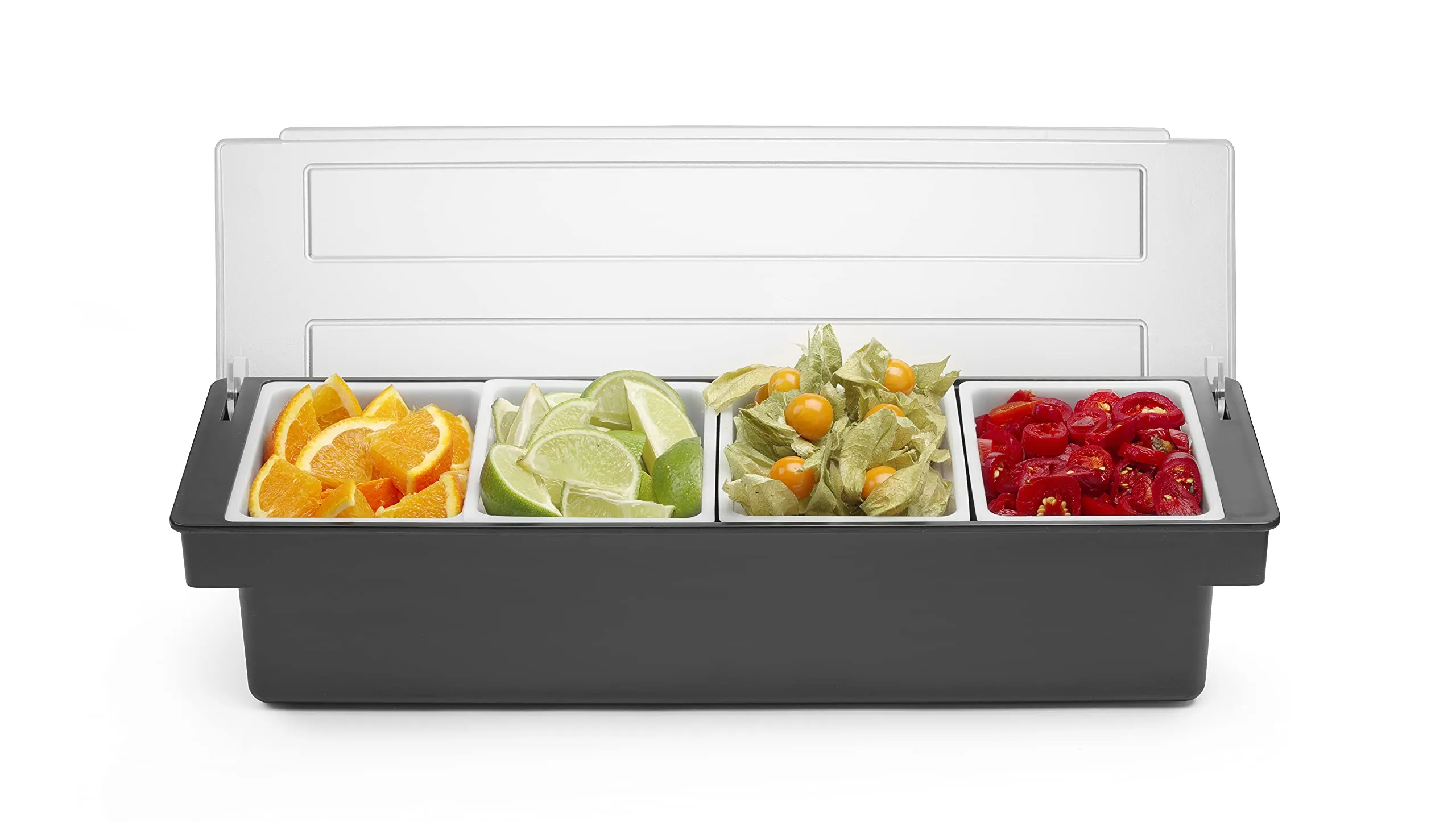 HENDI Porta Condimenti BarUp, Vaschetta Porta Guarnizioni per Cocktail con Coperchio Trasparente, 4 Contenitori in Polipropilene, 480x150x(H) 100mm, HIPS, Nero - immagine 6