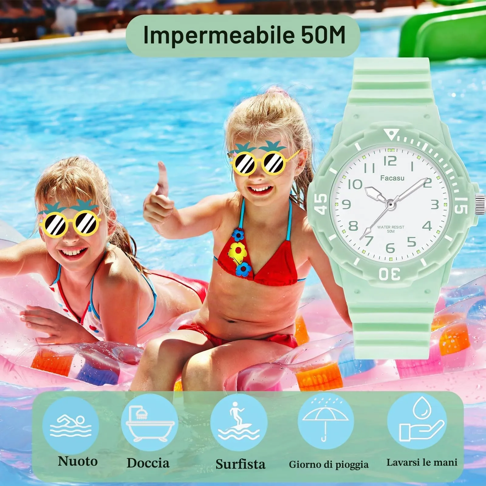 Facasu Orologio Analogico Bambini Ragazzi Ragazze,Orologio al quarzo impermeabile Fino a 50M,Cinturino Morbido Orologio Facile Leggere Imparare l'ora Bambini dai 4 ai 12 anni (Verde) - immagine 2