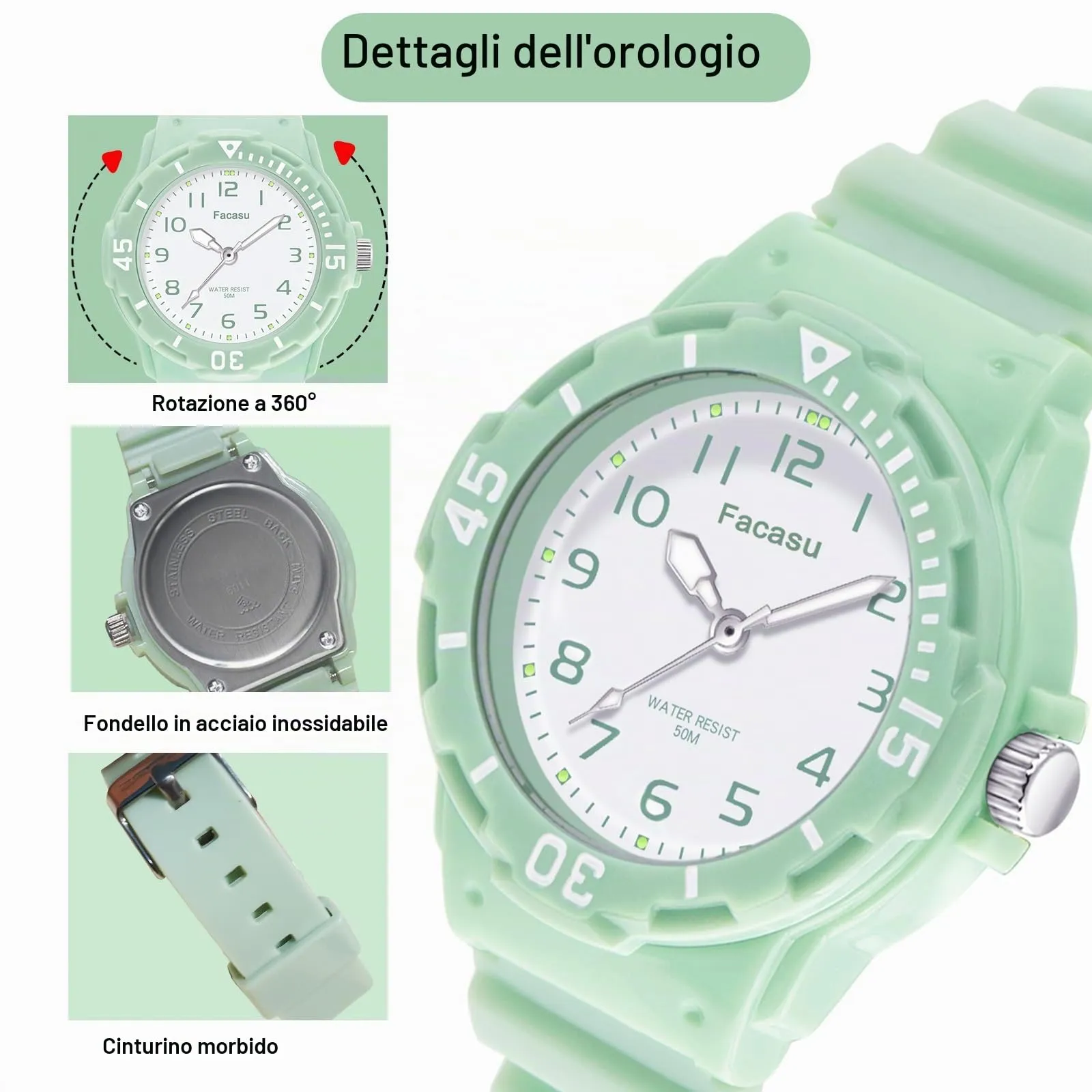 Facasu Orologio Analogico Bambini Ragazzi Ragazze,Orologio al quarzo impermeabile Fino a 50M,Cinturino Morbido Orologio Facile Leggere Imparare l'ora Bambini dai 4 ai 12 anni (Verde) - immagine 3