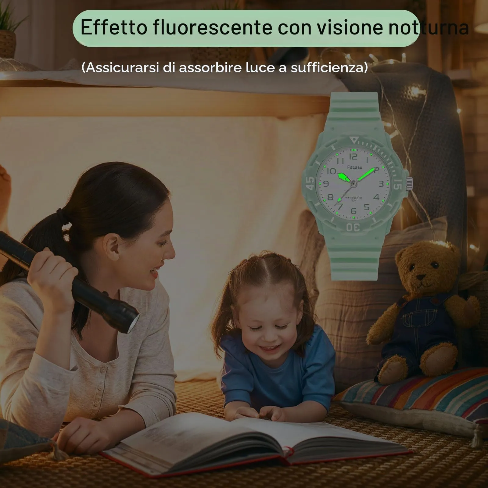 Facasu Orologio Analogico Bambini Ragazzi Ragazze,Orologio al quarzo impermeabile Fino a 50M,Cinturino Morbido Orologio Facile Leggere Imparare l'ora Bambini dai 4 ai 12 anni (Verde) - immagine 4