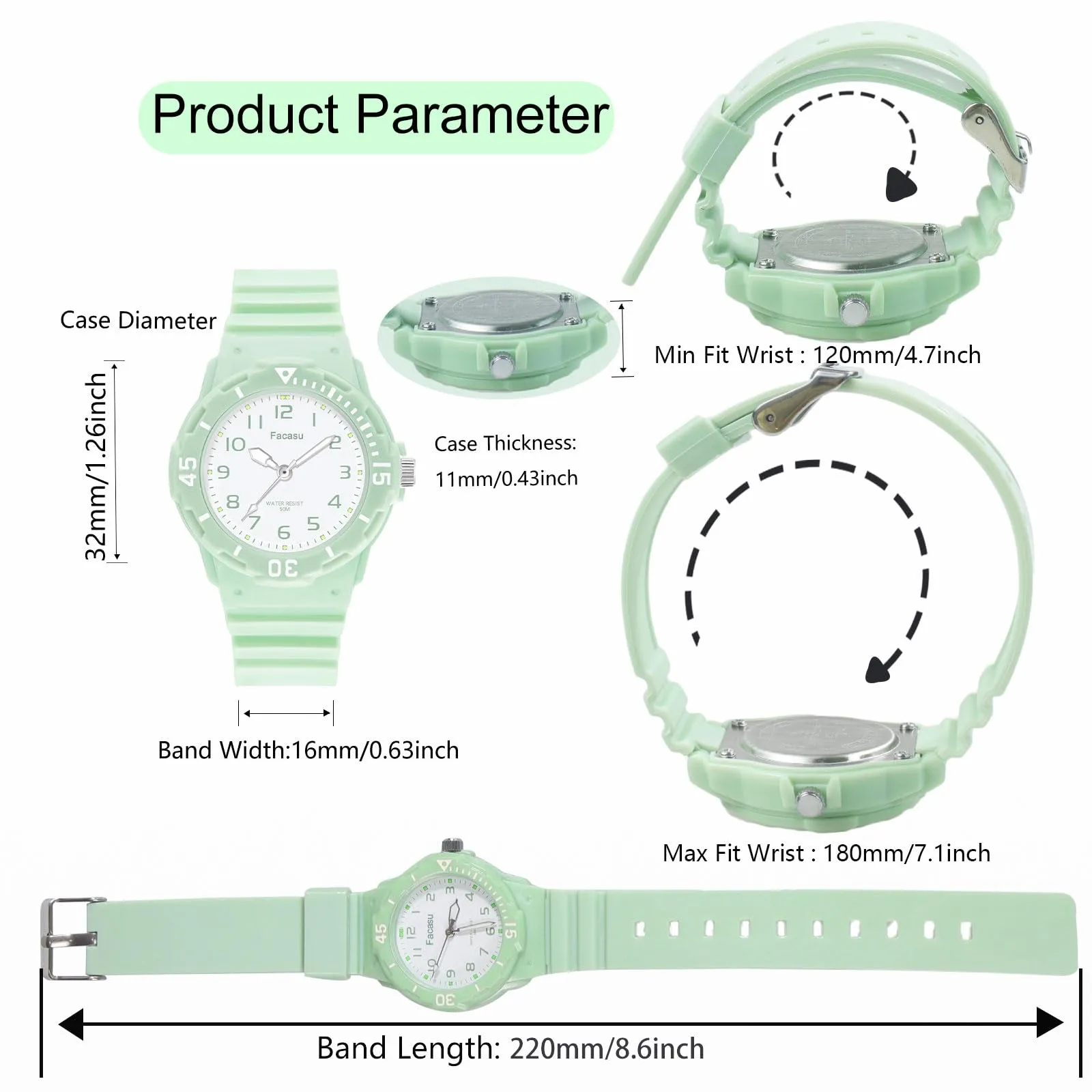 Facasu Orologio Analogico Bambini Ragazzi Ragazze,Orologio al quarzo impermeabile Fino a 50M,Cinturino Morbido Orologio Facile Leggere Imparare l'ora Bambini dai 4 ai 12 anni (Verde) - immagine 6