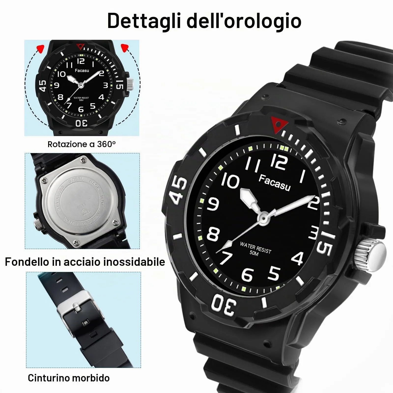 Facasu Orologio Analogico Bambini Ragazzi Ragazze,impermeabile Fino a 50M,Cinturino Morbido Orologio Facile Leggere Imparare l'ora Bambini dai 4 ai 12 anni (Nero) - immagine 2