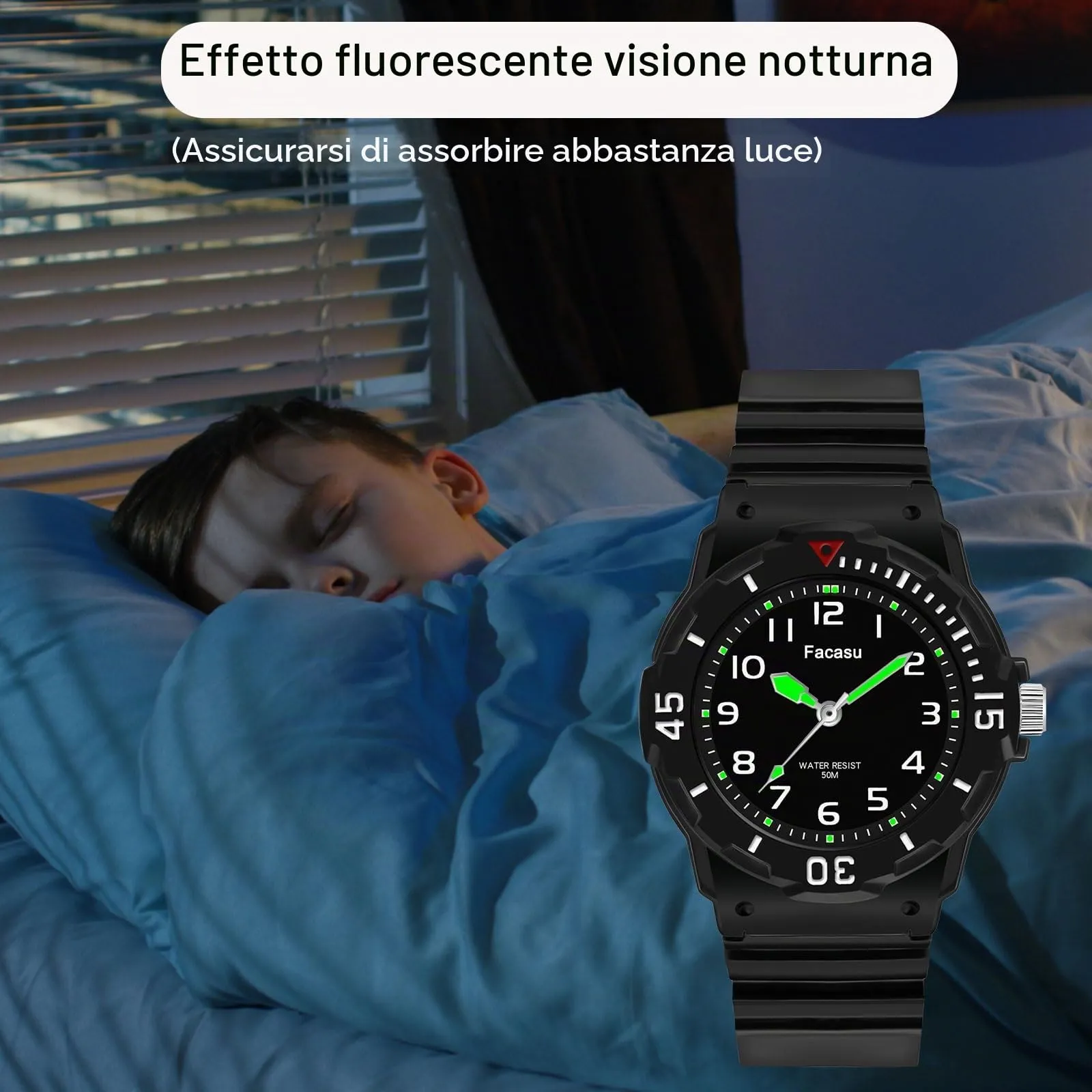 Facasu Orologio Analogico Bambini Ragazzi Ragazze,impermeabile Fino a 50M,Cinturino Morbido Orologio Facile Leggere Imparare l'ora Bambini dai 4 ai 12 anni (Nero) - immagine 3