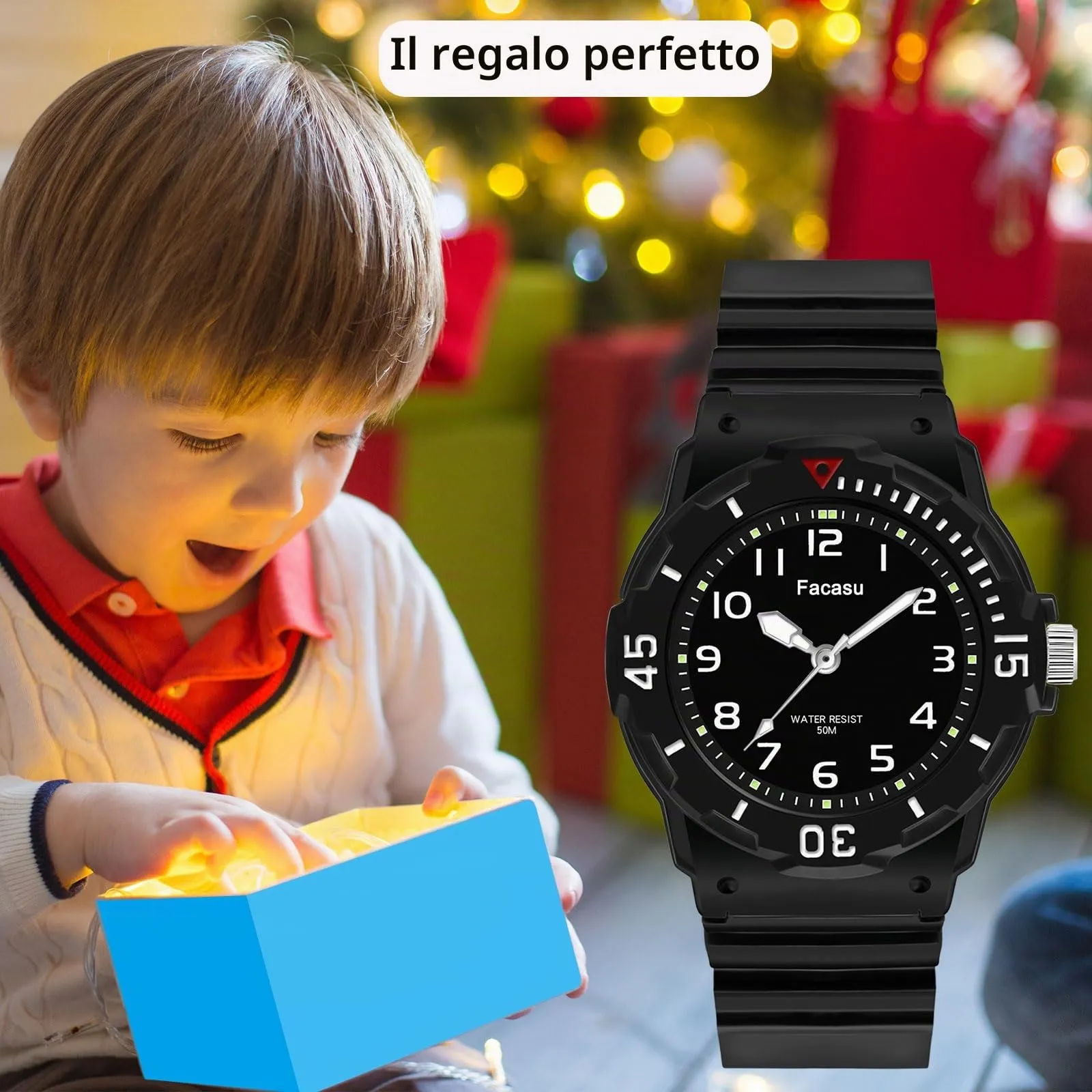 Facasu Orologio Analogico Bambini Ragazzi Ragazze,impermeabile Fino a 50M,Cinturino Morbido Orologio Facile Leggere Imparare l'ora Bambini dai 4 ai 12 anni (Nero) - immagine 4
