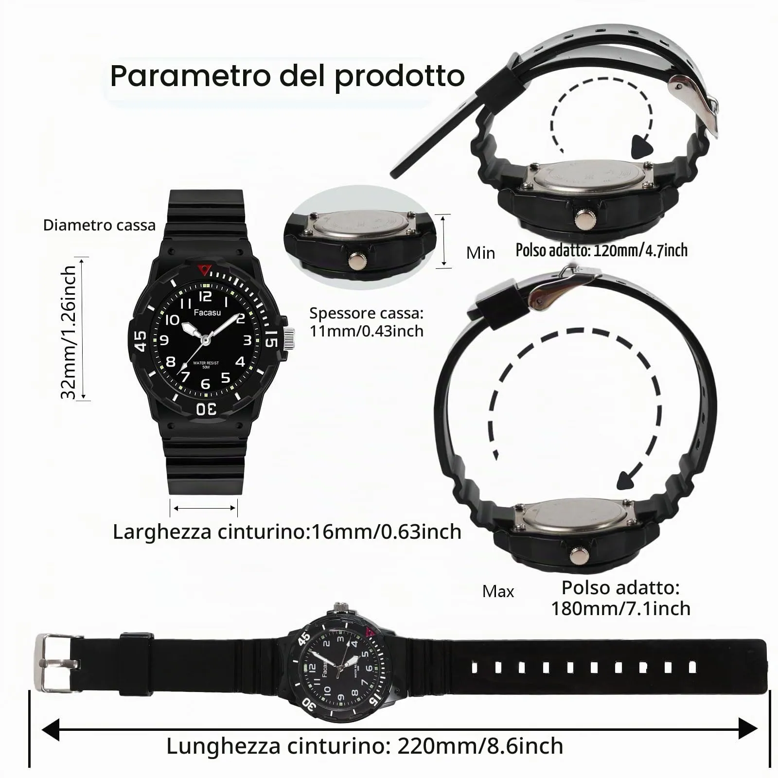 Facasu Orologio Analogico Bambini Ragazzi Ragazze,impermeabile Fino a 50M,Cinturino Morbido Orologio Facile Leggere Imparare l'ora Bambini dai 4 ai 12 anni (Nero) - immagine 5