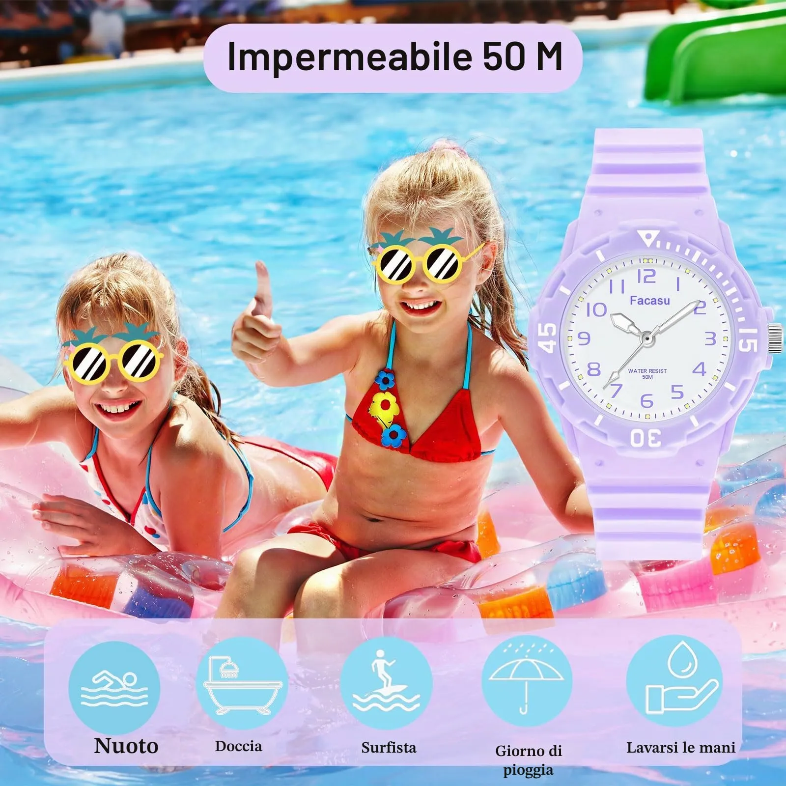 Facasu Orologio Analogico Bambini Ragazzi Ragazze,Orologio al quarzo impermeabile Fino a 50M,Cinturino Morbido Orologio Facile Leggere Imparare l'ora Bambini dai 4 ai 12 anni (Viola) - immagine 2