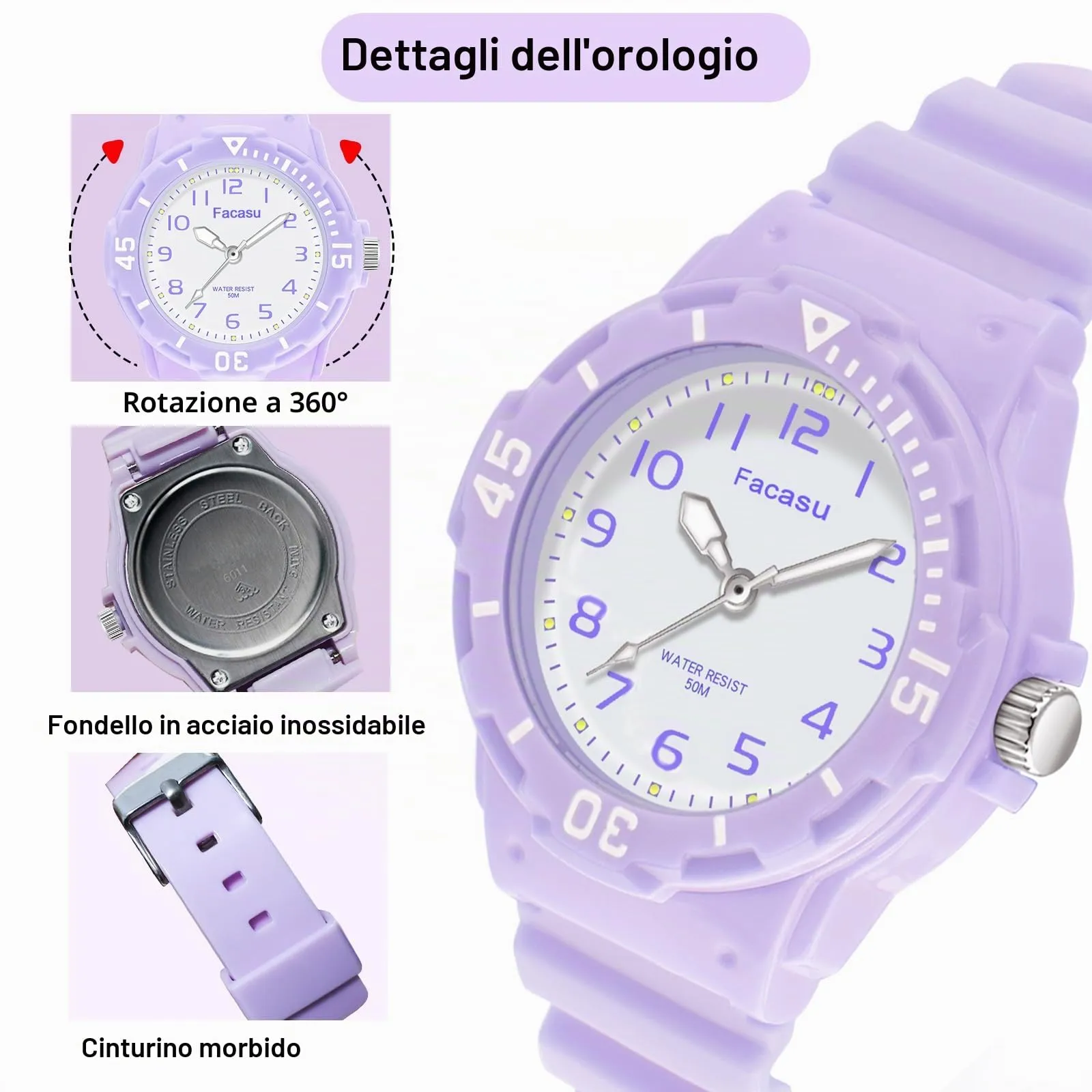 Facasu Orologio Analogico Bambini Ragazzi Ragazze,Orologio al quarzo impermeabile Fino a 50M,Cinturino Morbido Orologio Facile Leggere Imparare l'ora Bambini dai 4 ai 12 anni (Viola) - immagine 3