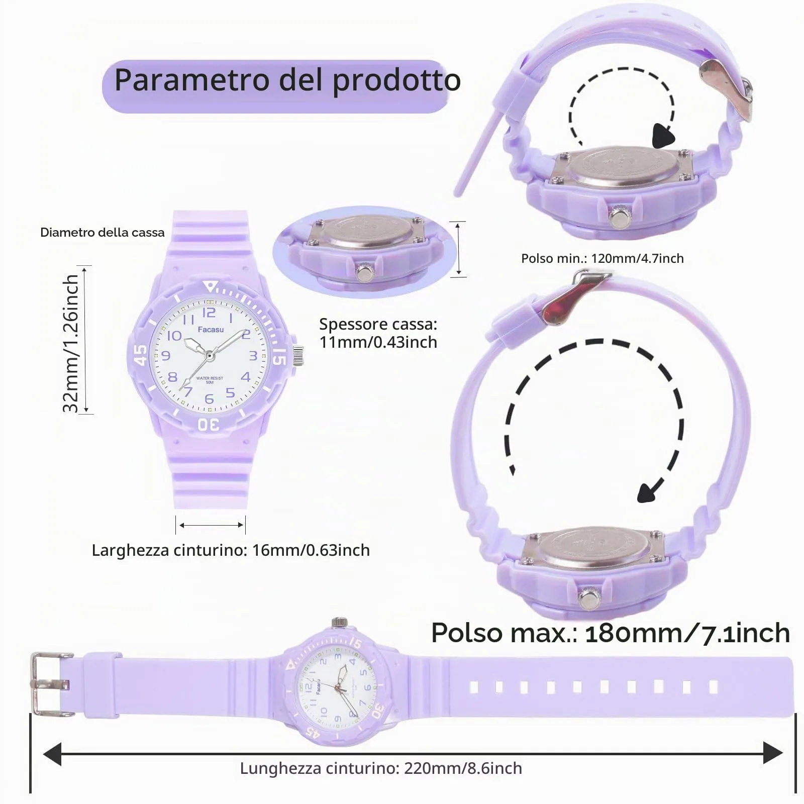 Facasu Orologio Analogico Bambini Ragazzi Ragazze,Orologio al quarzo impermeabile Fino a 50M,Cinturino Morbido Orologio Facile Leggere Imparare l'ora Bambini dai 4 ai 12 anni (Viola) - immagine 5