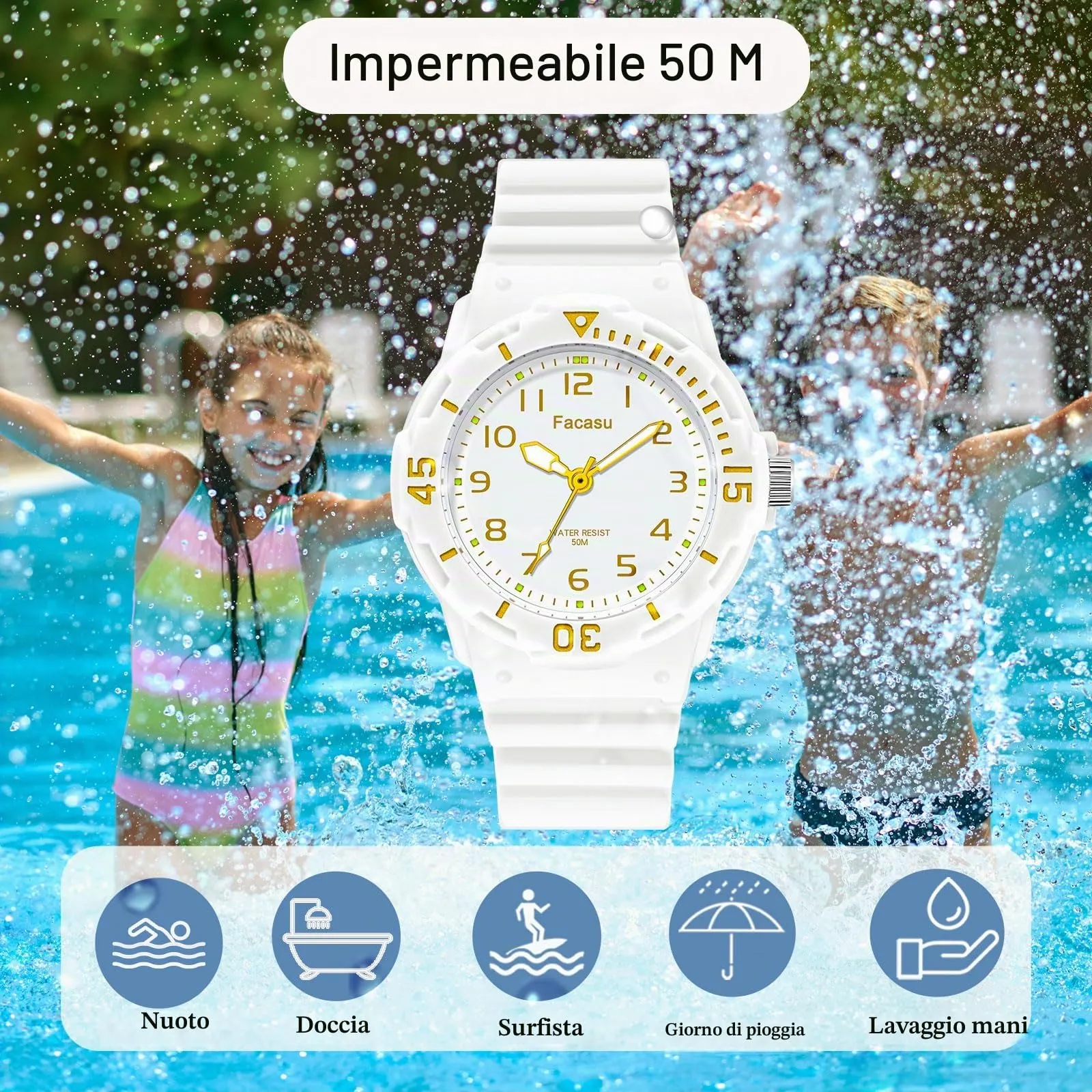 Facasu Orologio Analogico Bambini Ragazzi Ragazze,Orologio al quarzo impermeabile Fino a 50M,Cinturino Morbido Orologio Facile Leggere Imparare l'ora Bambini dai 4 ai 12 anni (Bianco) - immagine 2