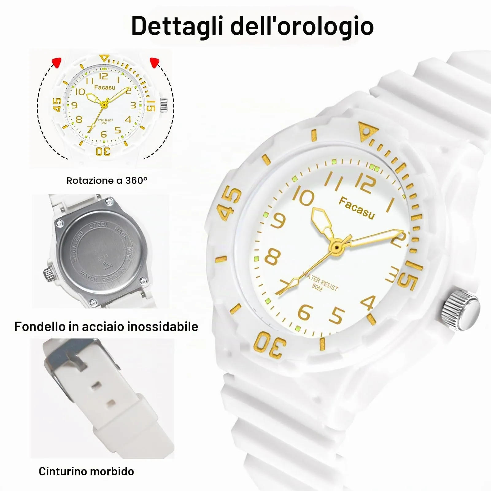 Facasu Orologio Analogico Bambini Ragazzi Ragazze,Orologio al quarzo impermeabile Fino a 50M,Cinturino Morbido Orologio Facile Leggere Imparare l'ora Bambini dai 4 ai 12 anni (Bianco) - immagine 3