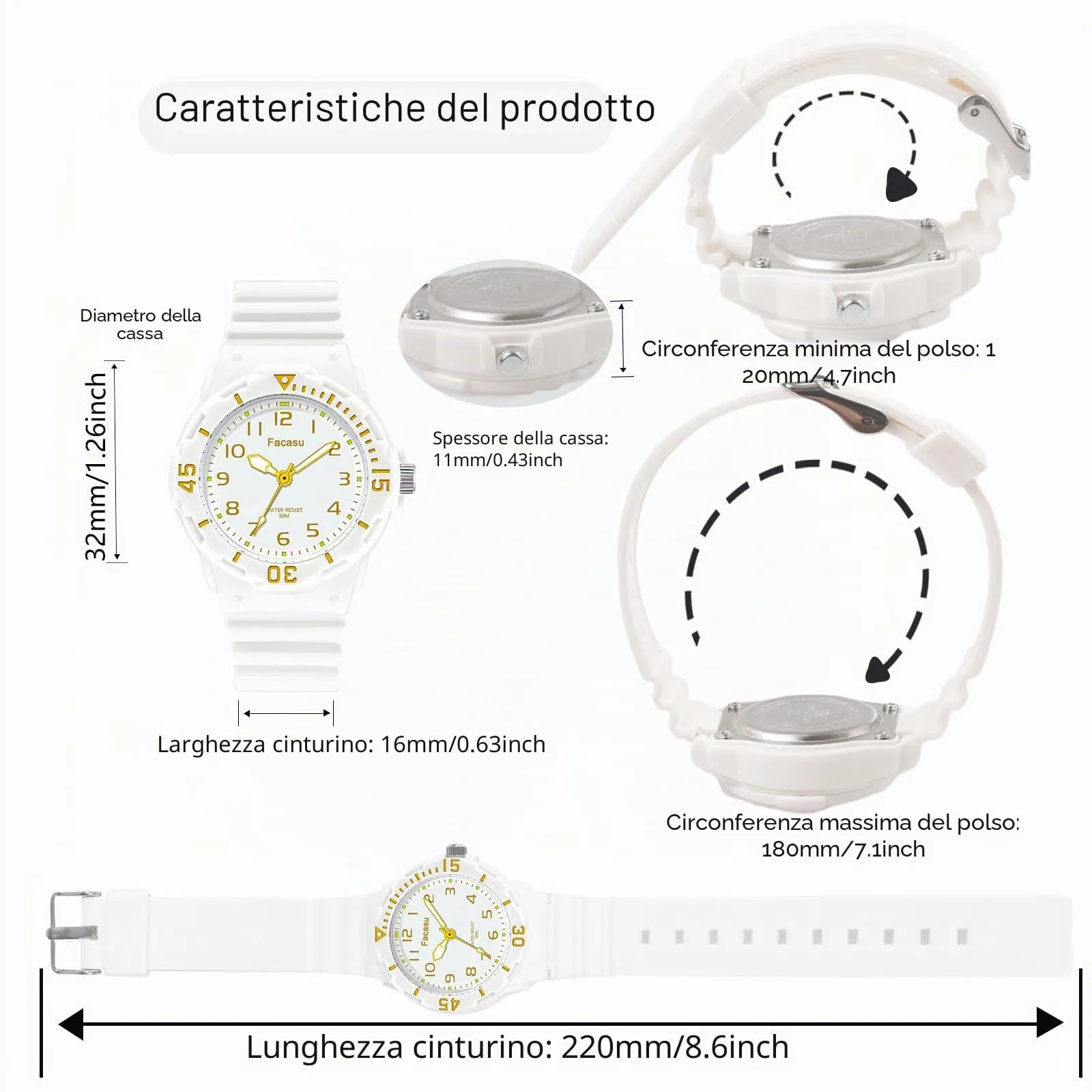 Facasu Orologio Analogico Bambini Ragazzi Ragazze,Orologio al quarzo impermeabile Fino a 50M,Cinturino Morbido Orologio Facile Leggere Imparare l'ora Bambini dai 4 ai 12 anni (Bianco) - immagine 5