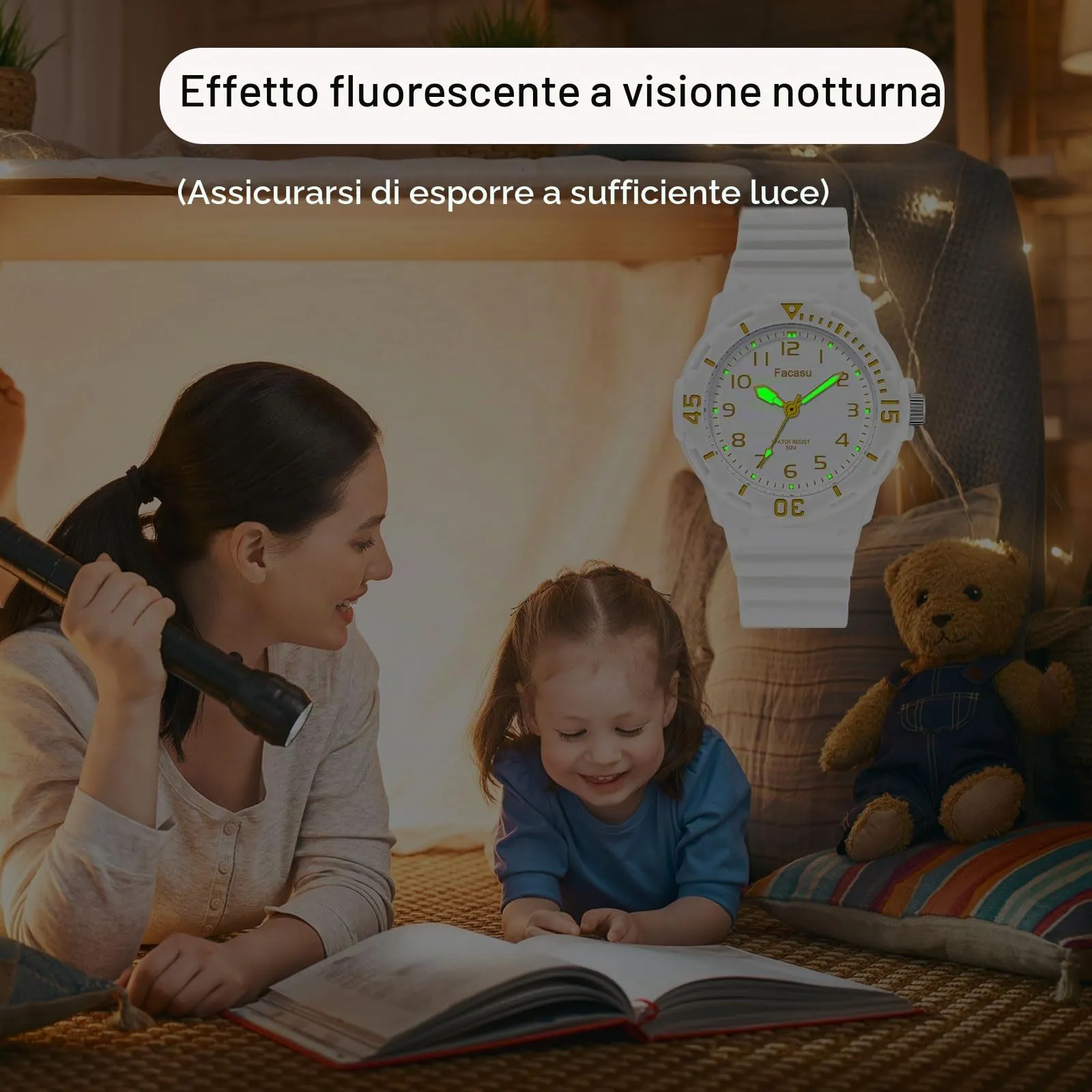 Facasu Orologio Analogico Bambini Ragazzi Ragazze,Orologio al quarzo impermeabile Fino a 50M,Cinturino Morbido Orologio Facile Leggere Imparare l'ora Bambini dai 4 ai 12 anni (Bianco) - immagine 6