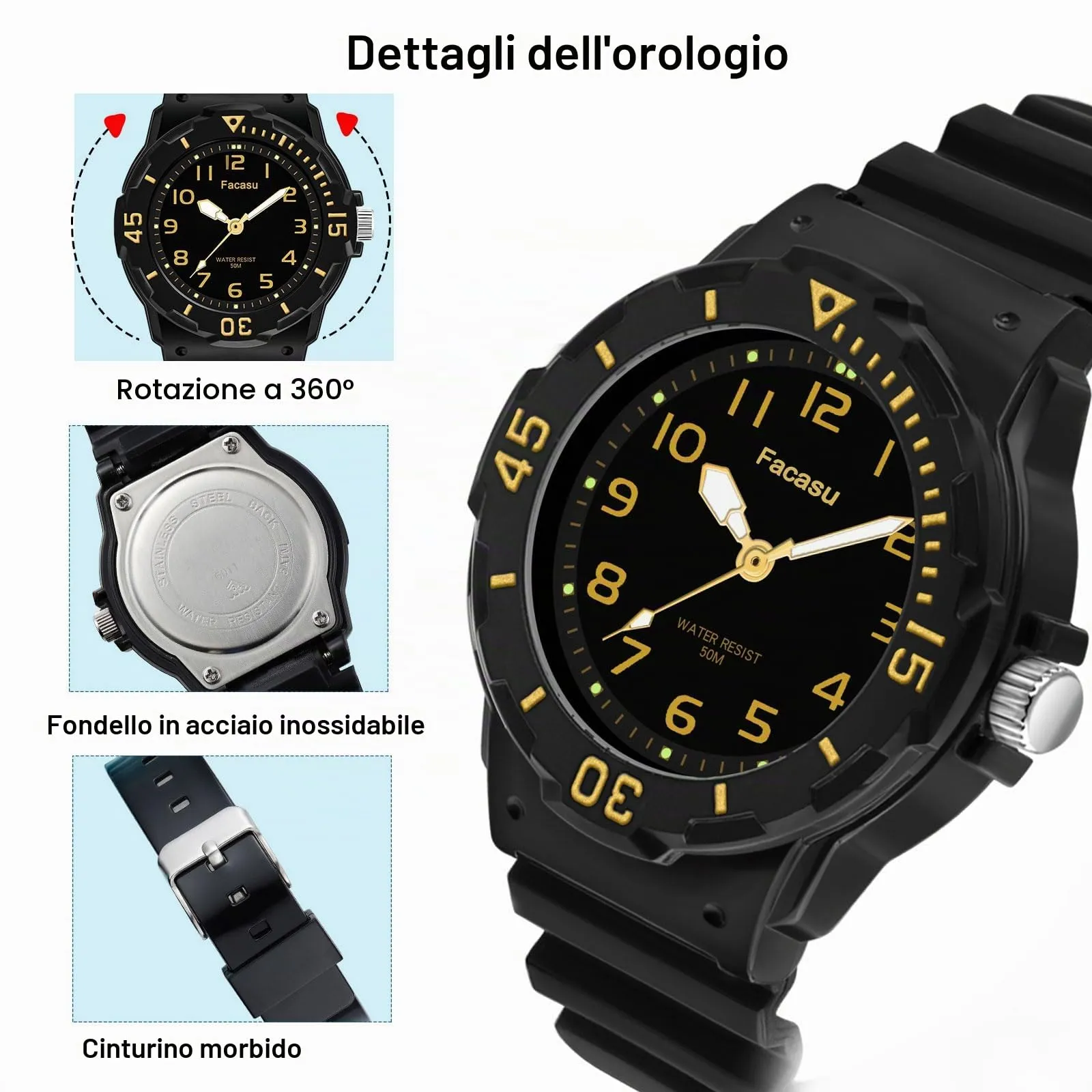Facasu Orologio Analogico Bambini Ragazzi Ragazze,Impermeabile Fino a 50M,Cinturino Morbido Orologio Facile Leggere Imparare l'ora Bambini dai 4 ai 12 anni (Nero Oro) - immagine 2