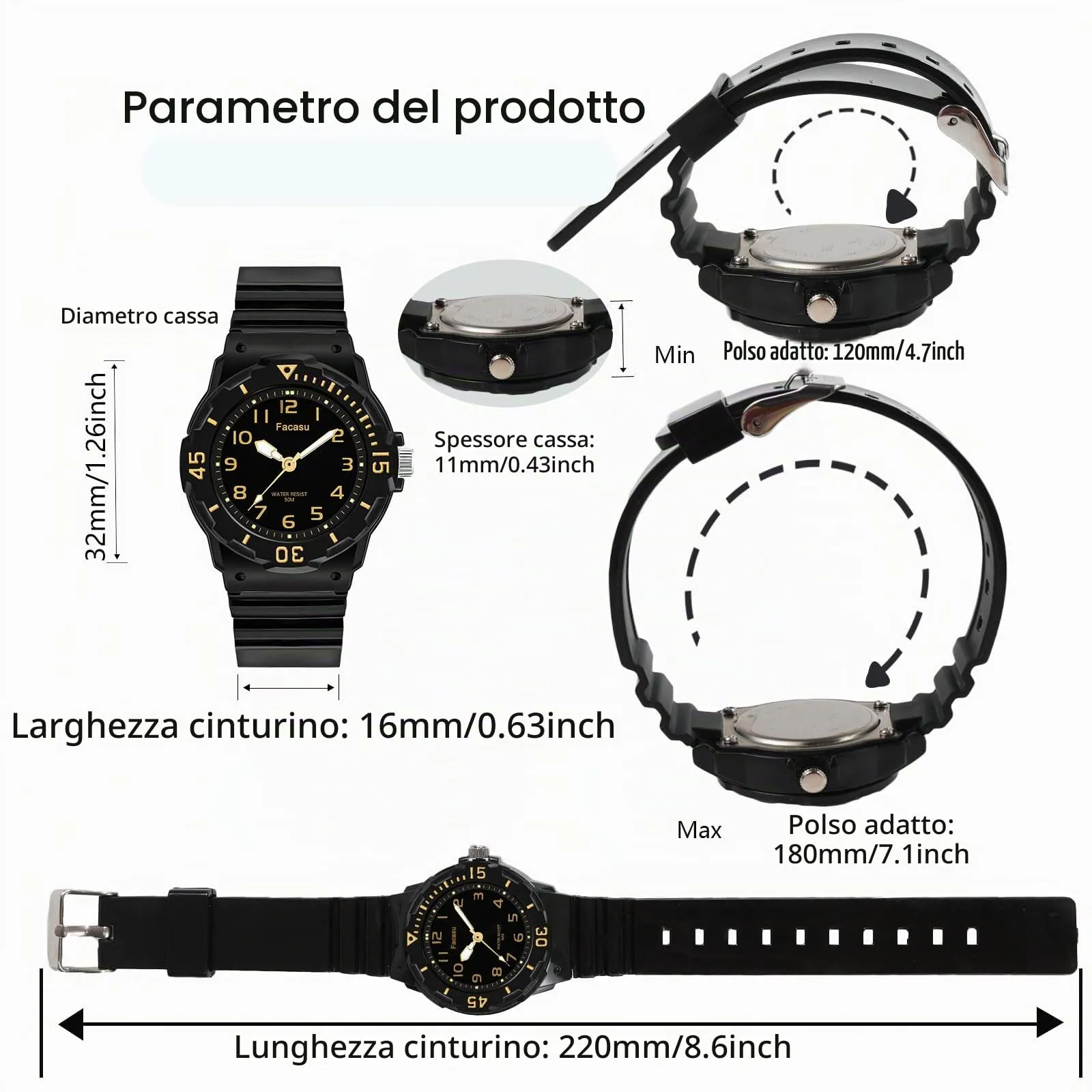 Facasu Orologio Analogico Bambini Ragazzi Ragazze,Impermeabile Fino a 50M,Cinturino Morbido Orologio Facile Leggere Imparare l'ora Bambini dai 4 ai 12 anni (Nero Oro) - immagine 4