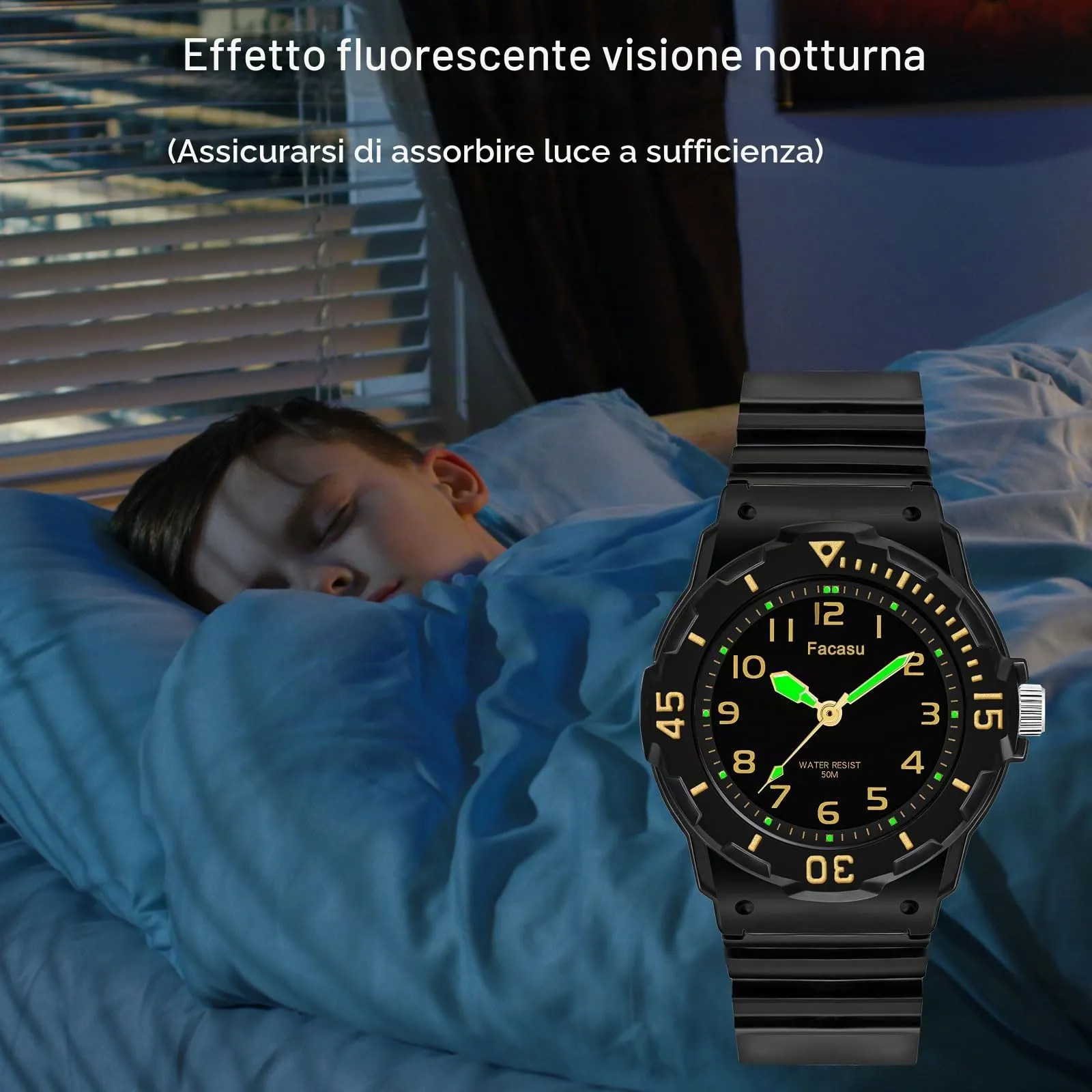 Facasu Orologio Analogico Bambini Ragazzi Ragazze,Impermeabile Fino a 50M,Cinturino Morbido Orologio Facile Leggere Imparare l'ora Bambini dai 4 ai 12 anni (Nero Oro) - immagine 5