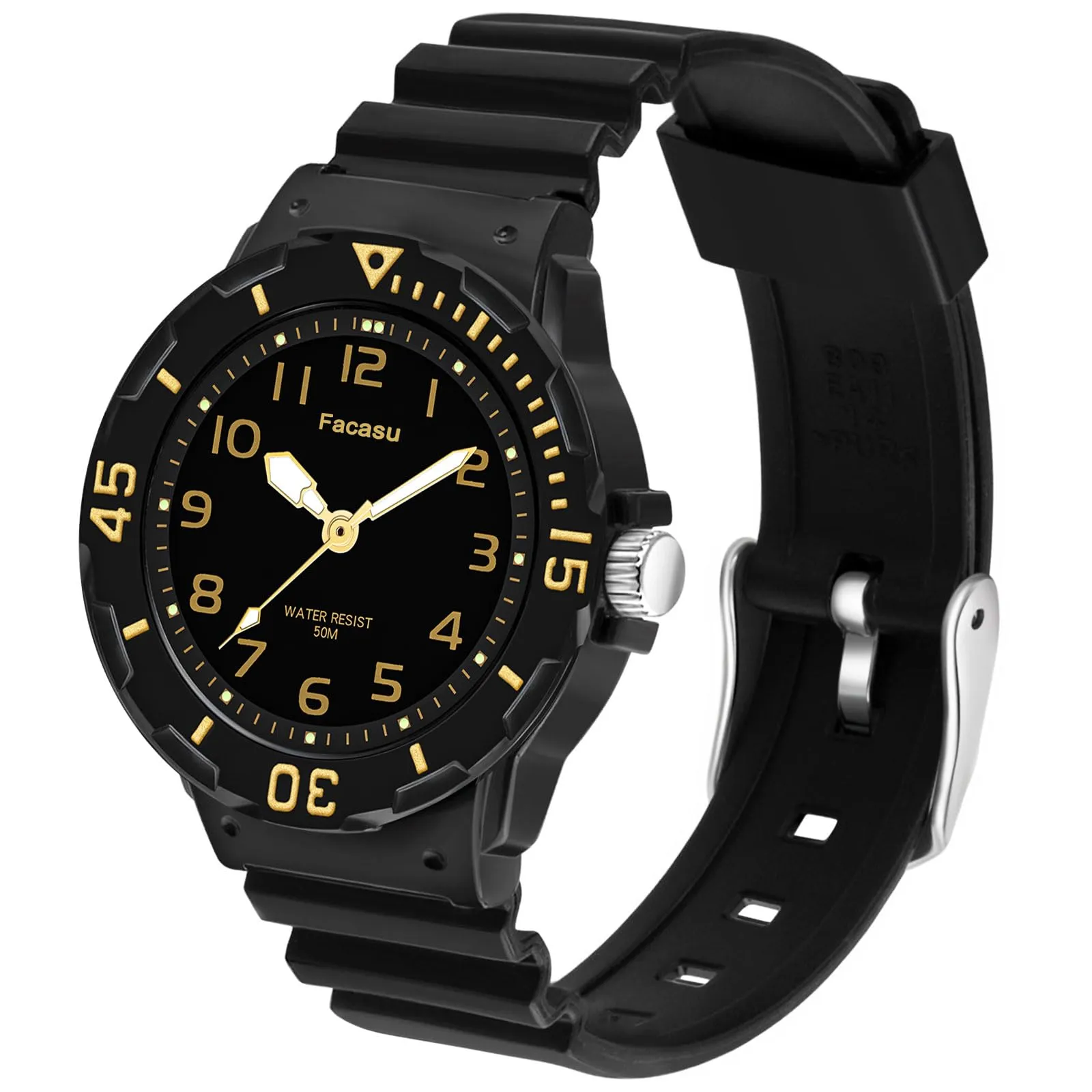 Facasu Orologio Analogico Bambini Ragazzi Ragazze,Impermeabile Fino a 50M,Cinturino Morbido Orologio Facile Leggere Imparare l'ora Bambini dai 4 ai 12 anni (Nero Oro) - immagine 6