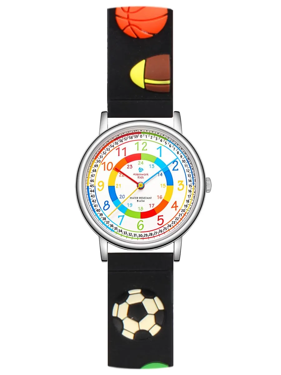 Alienwork Calcio Ragazzi Orologio di Apprendimento Bambini Ragazzi Argento Nero Multicolore bambini Impermeabile 5 ATM Tempo di Apprendimento - immagine 1