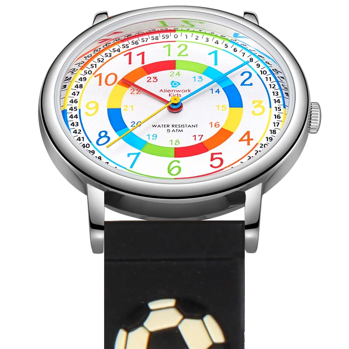 Alienwork Calcio Ragazzi Orologio di Apprendimento Bambini Ragazzi Argento Nero Multicolore bambini Impermeabile 5 ATM Tempo di Apprendimento - immagine 3