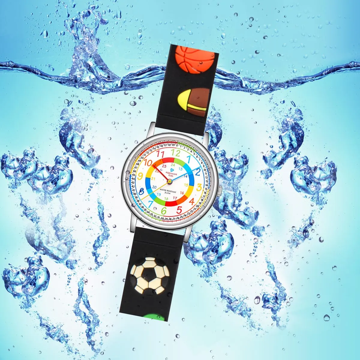 Alienwork Calcio Ragazzi Orologio di Apprendimento Bambini Ragazzi Argento Nero Multicolore bambini Impermeabile 5 ATM Tempo di Apprendimento - immagine 5