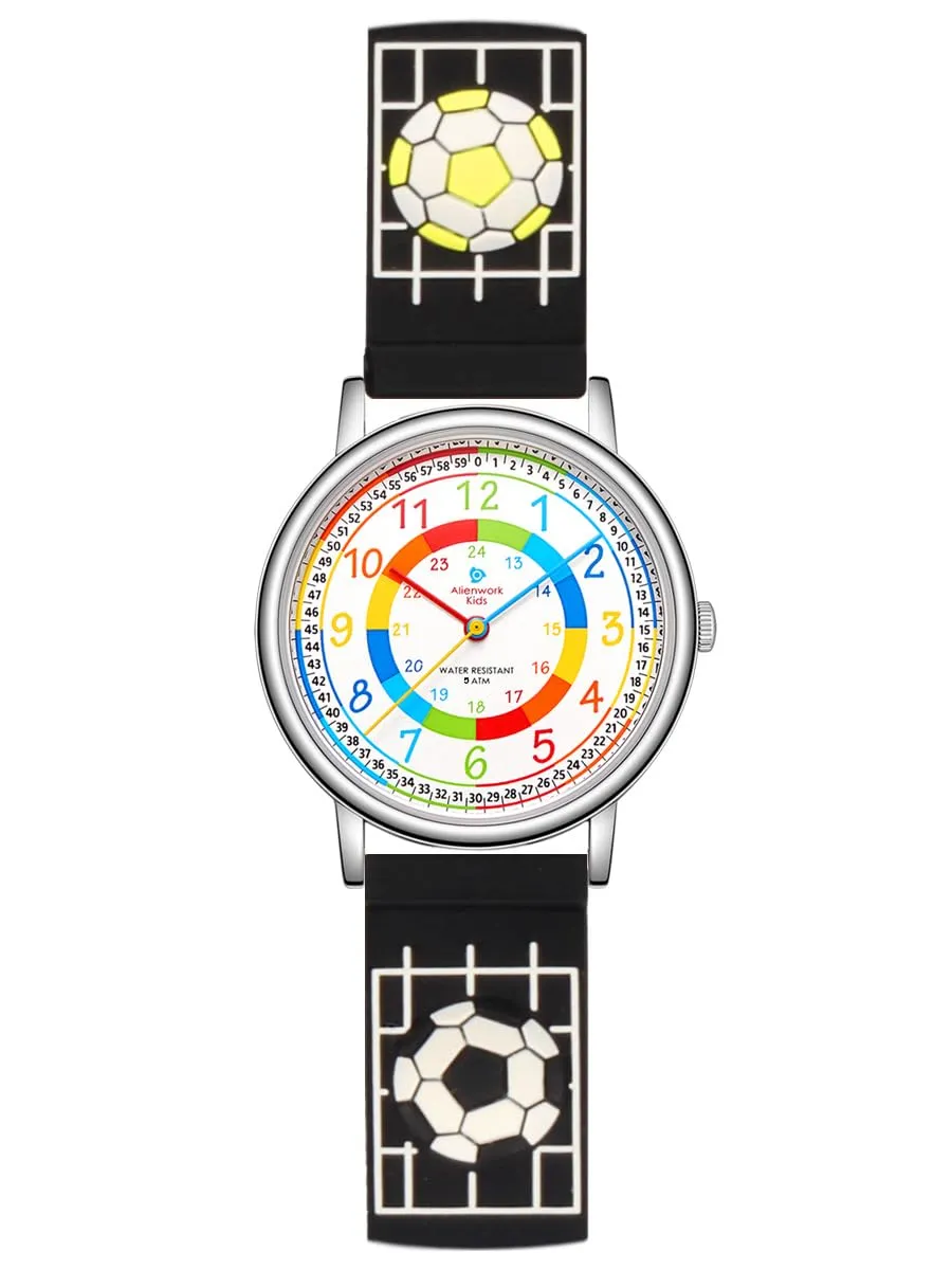 Alienwork Calcio Ragazzi Orologio di Apprendimento Bambini Ragazzi Argento Nero Multicolore bambini Impermeabile 5 ATM Tempo di Apprendimento - immagine 1