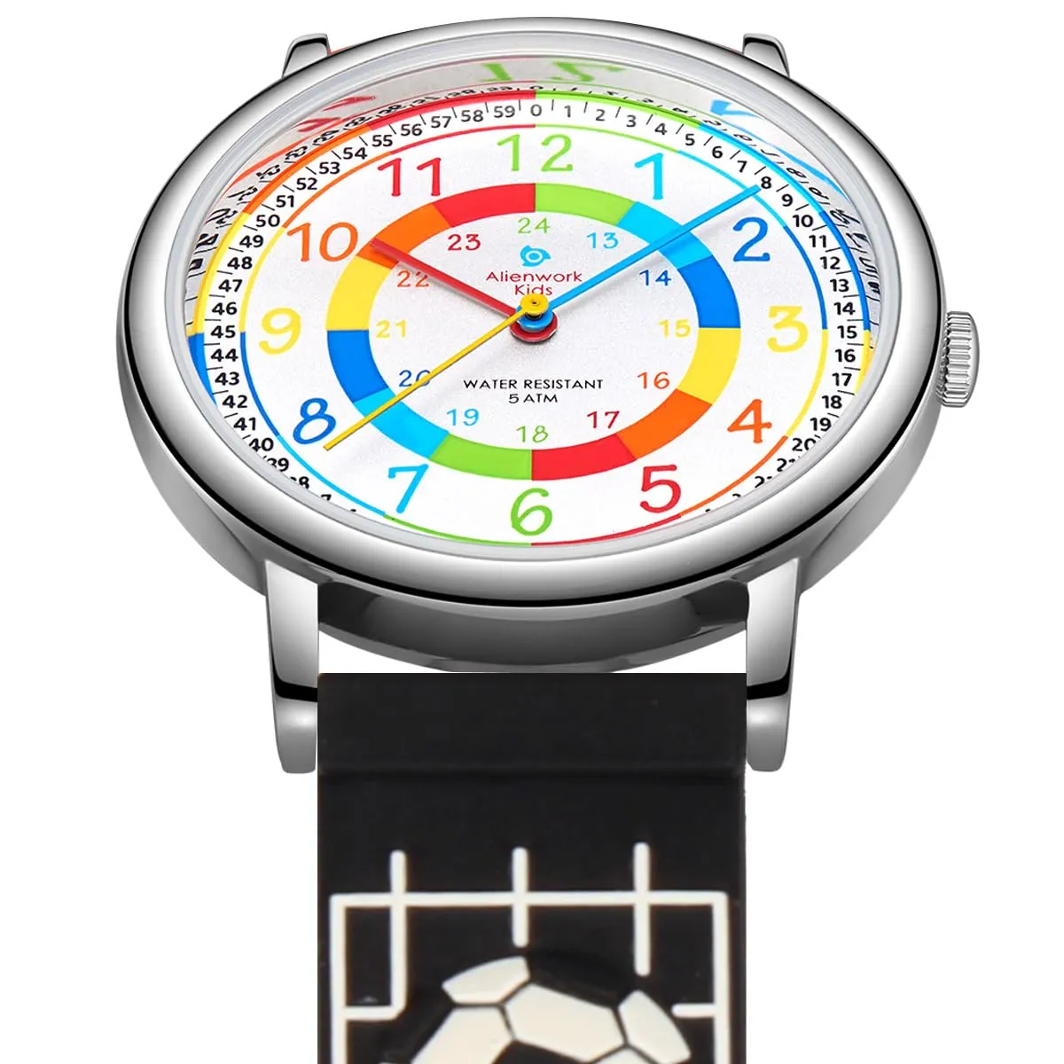 Alienwork Calcio Ragazzi Orologio di Apprendimento Bambini Ragazzi Argento Nero Multicolore bambini Impermeabile 5 ATM Tempo di Apprendimento - immagine 3