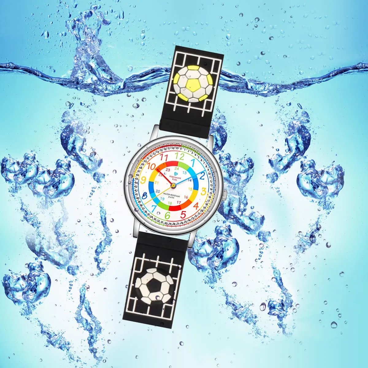 Alienwork Calcio Ragazzi Orologio di Apprendimento Bambini Ragazzi Argento Nero Multicolore bambini Impermeabile 5 ATM Tempo di Apprendimento - immagine 5