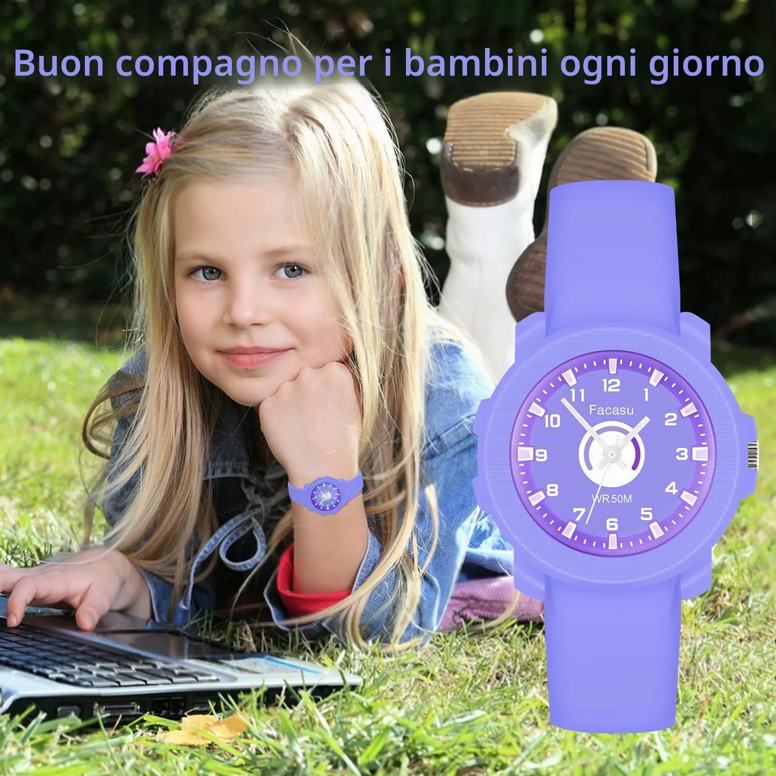 Facasu Orologio Analogico Bambini Ragazzi Ragazze,Orologio al quarzo impermeabile Fino a 50M,Cinturino Morbido Orologio Facile Leggere Imparare l'ora Bambini dai 4 ai 12 anni (Viola-M) - immagine 5