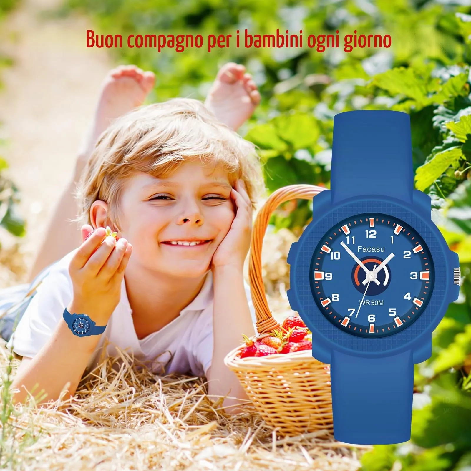 Facasu Orologio Analogico Bambini Ragazzi Ragazze,Orologio al quarzo impermeabile Fino a 50M,Cinturino Morbido Orologio Facile Leggere Imparare l'ora Bambini dai 4 ai 12 anni (Blu scuro-M) - immagine 5