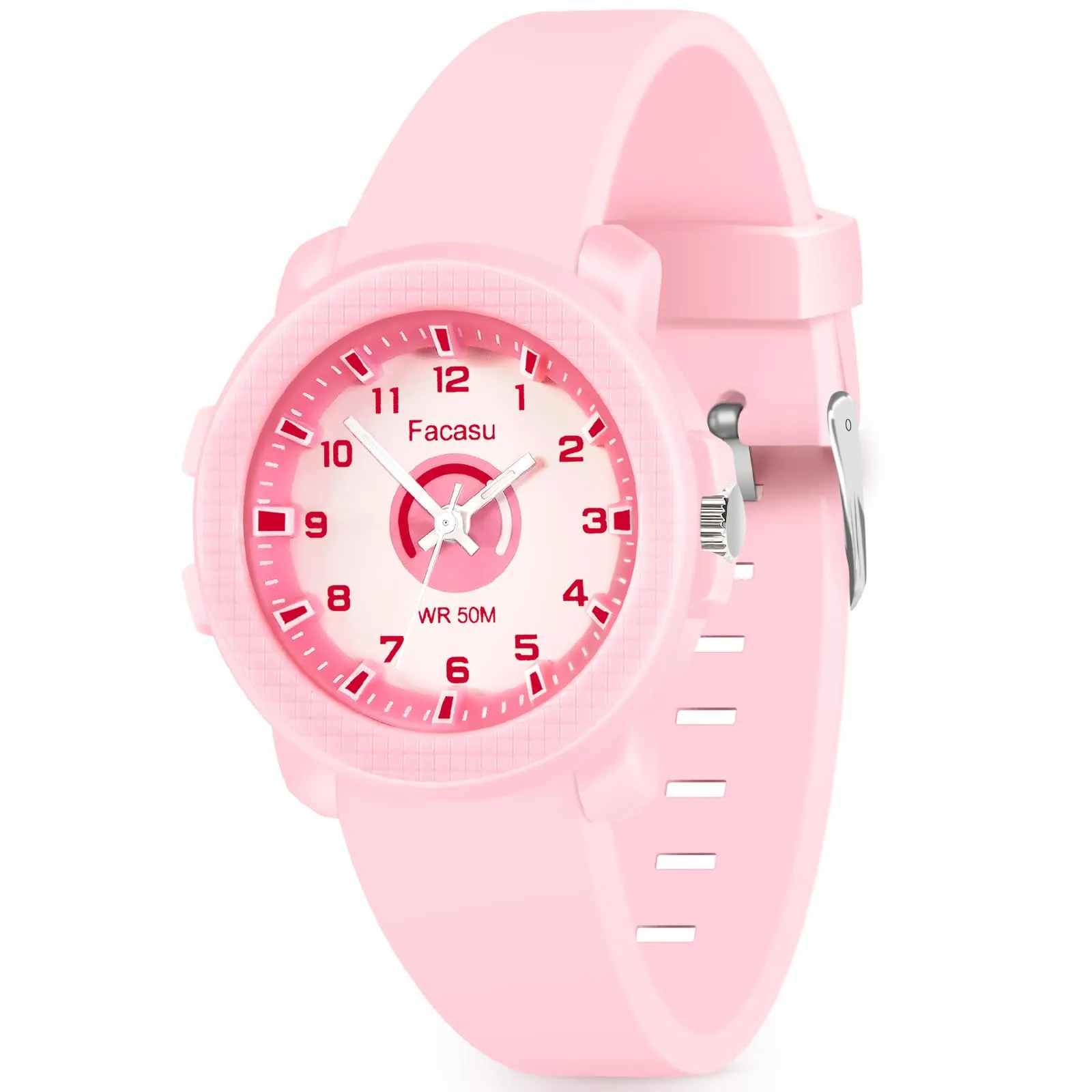 Facasu Orologio Analogico Bambini Ragazzi Ragazze,Orologio al quarzo impermeabile Fino a 50M,Cinturino Morbido Orologio Facile Leggere Imparare l'ora Bambini dai 4 ai 12 anni (Rosa-M) - immagine 2
