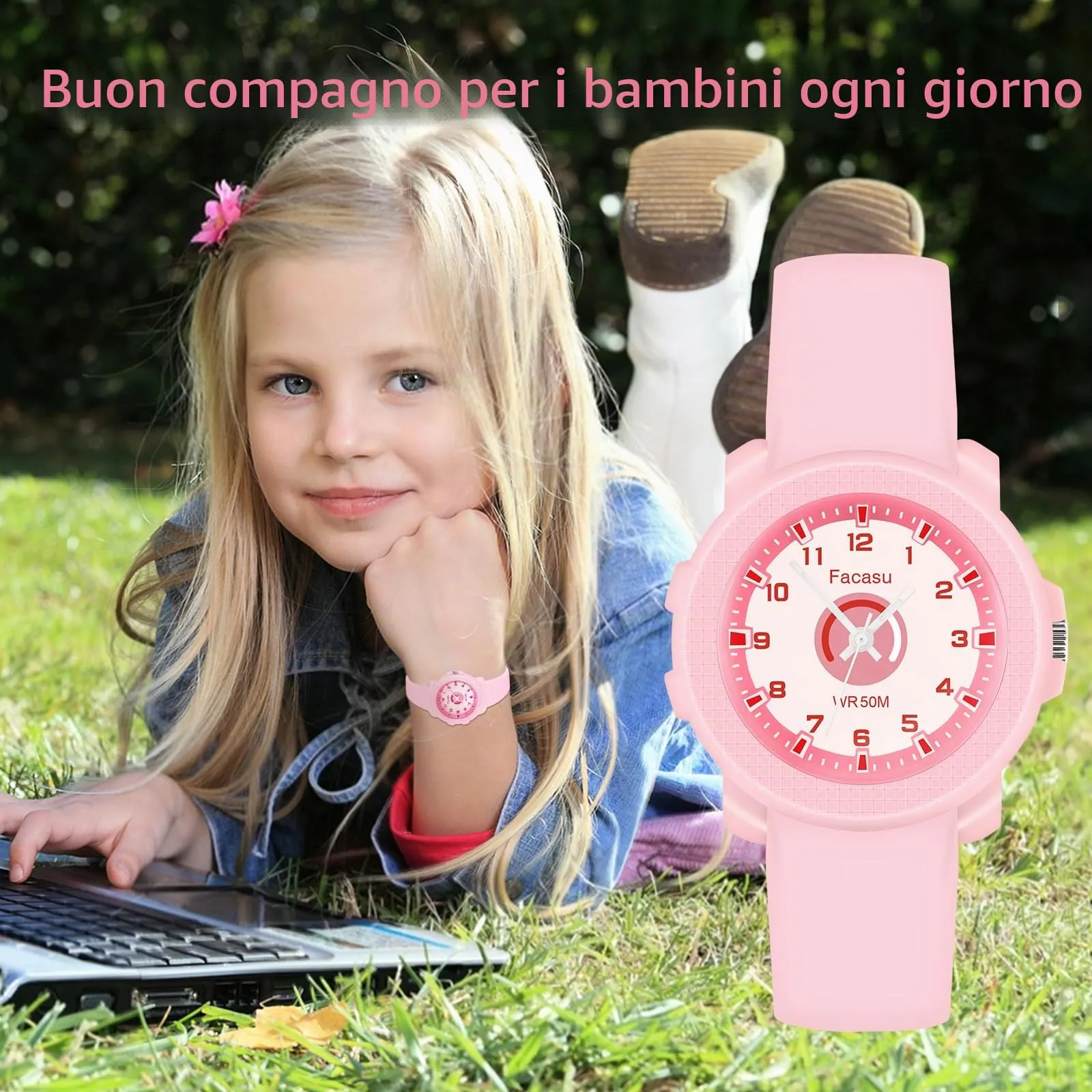 Facasu Orologio Analogico Bambini Ragazzi Ragazze,Orologio al quarzo impermeabile Fino a 50M,Cinturino Morbido Orologio Facile Leggere Imparare l'ora Bambini dai 4 ai 12 anni (Rosa-M) - immagine 5