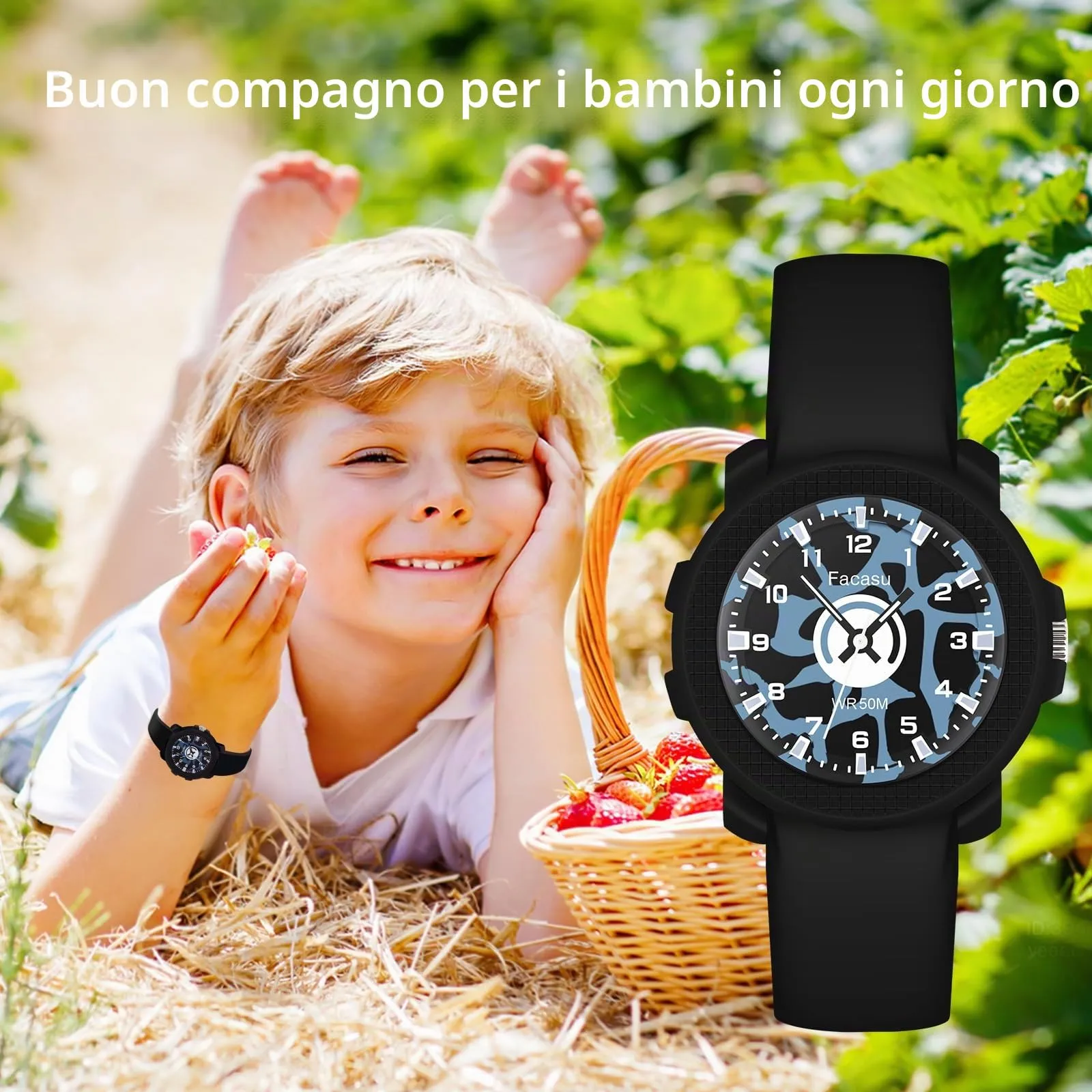 Facasu Orologio Analogico Bambini Ragazzi Ragazze,Orologio al quarzo impermeabile Fino a 50M,Cinturino Morbido Orologio Facile Leggere Imparare l'ora Bambini dai 4 ai 12 anni (Nero-M) - immagine 5
