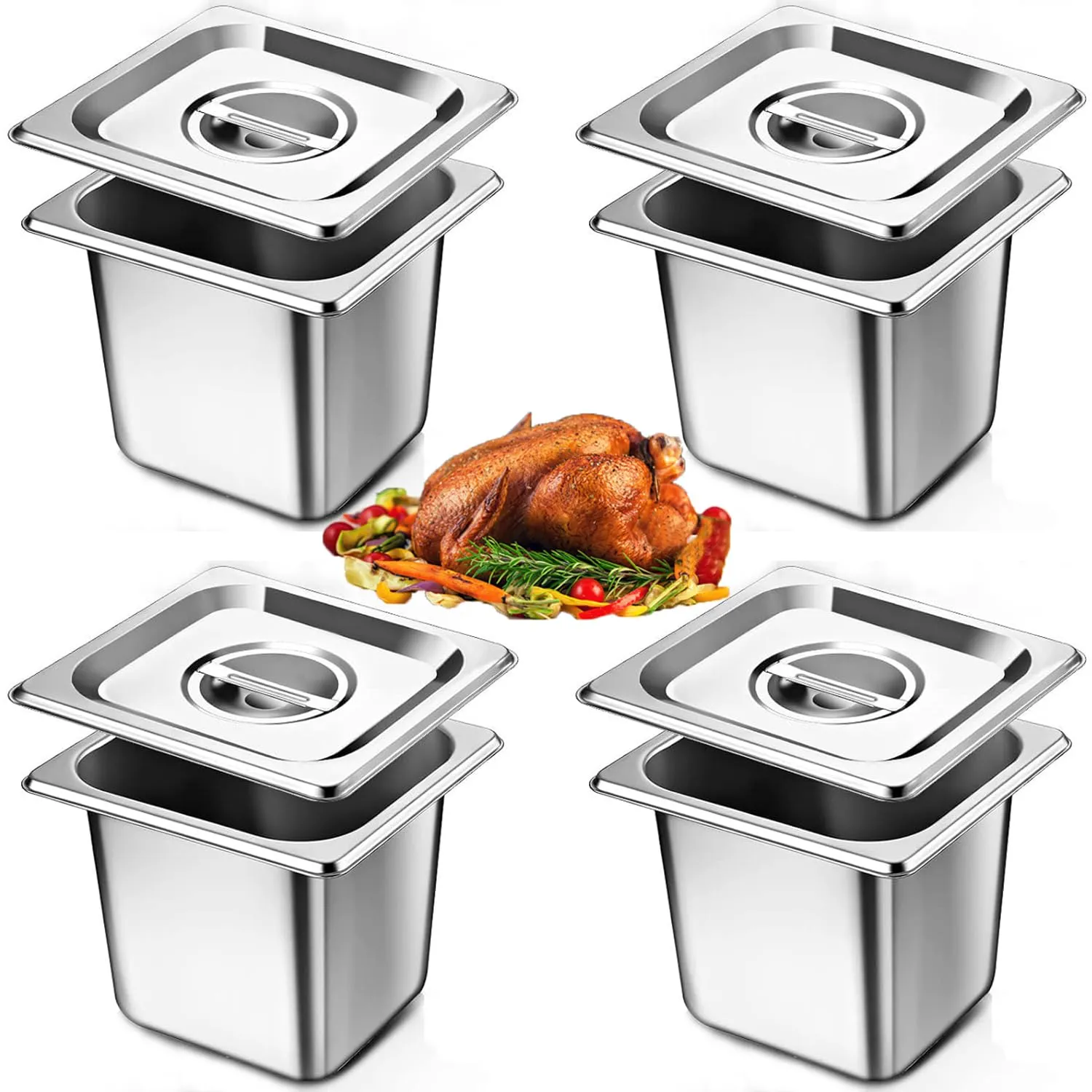 ORFCP 4 contenitori in acciaio inox con coperchio, 150 mm di altezza, contenitore per alimenti in acciaio inox, gastronorm 1/6 resistente al calore, 17,5 x 16 x 15 cm - immagine 1