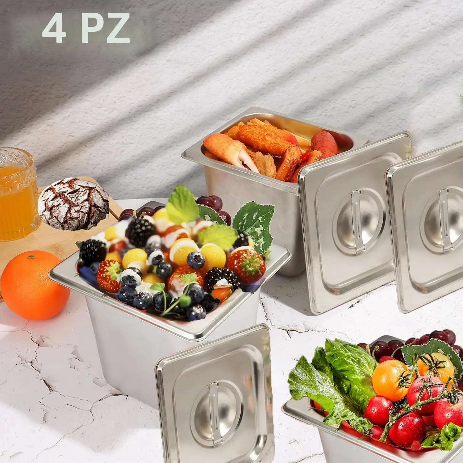 ORFCP 4 contenitori in acciaio inox con coperchio, 150 mm di altezza, contenitore per alimenti in acciaio inox, gastronorm 1/6 resistente al calore, 17,5 x 16 x 15 cm - immagine 2