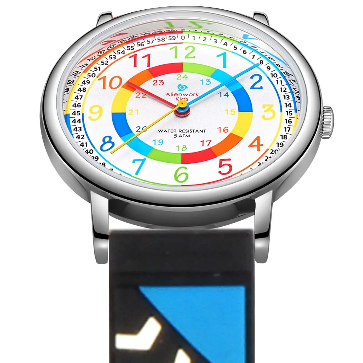 Alienwork Kids Orologio di Apprendimento Bambini Ragazzi Argento Nero Multicolore bambini Impermeabile 5 ATM Tempo di Apprendimento - immagine 3