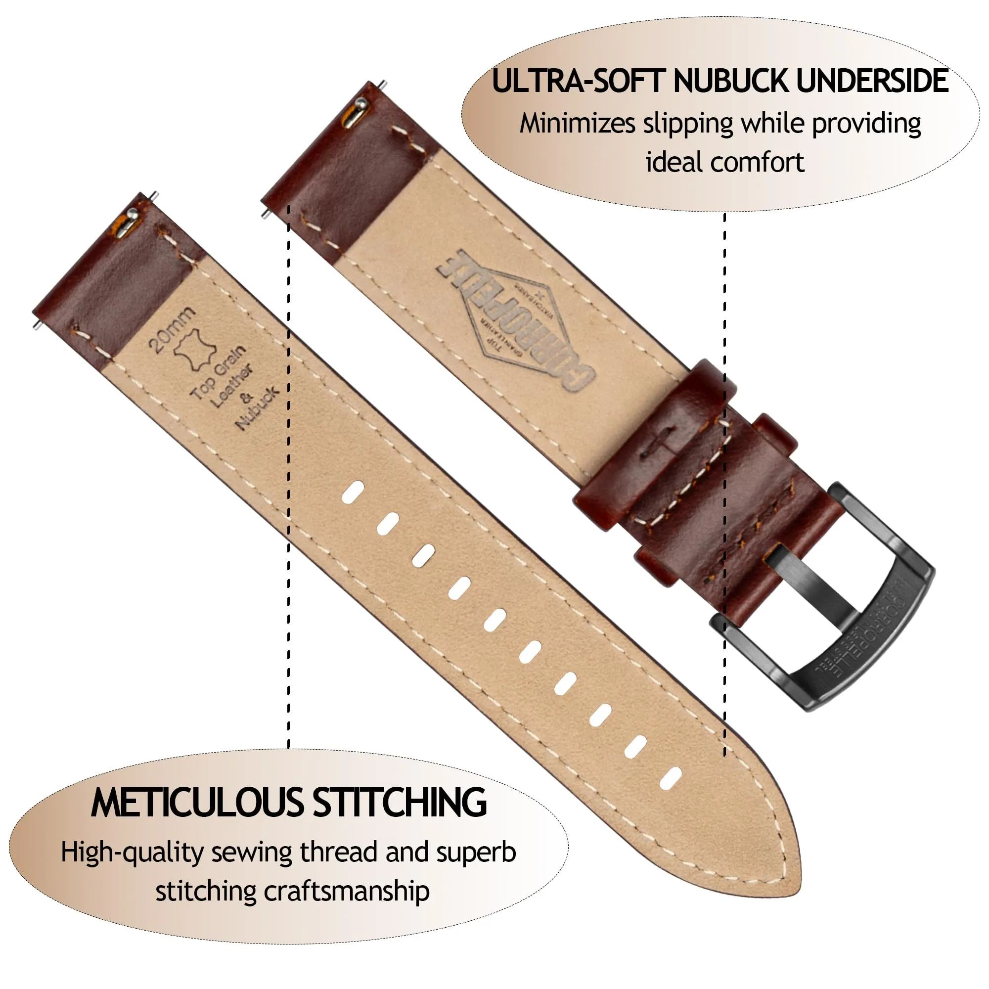 CORROPELLE Cinturini Orologio in Pelle a Sgancio Rapido 18mm 19mm 20mm 21mm 22mm, Elegante Cinturino Vera Pelle Alta qualità Cinturini Ricambio per Uomo Donna, Orologio e Smartwatch - immagine 3
