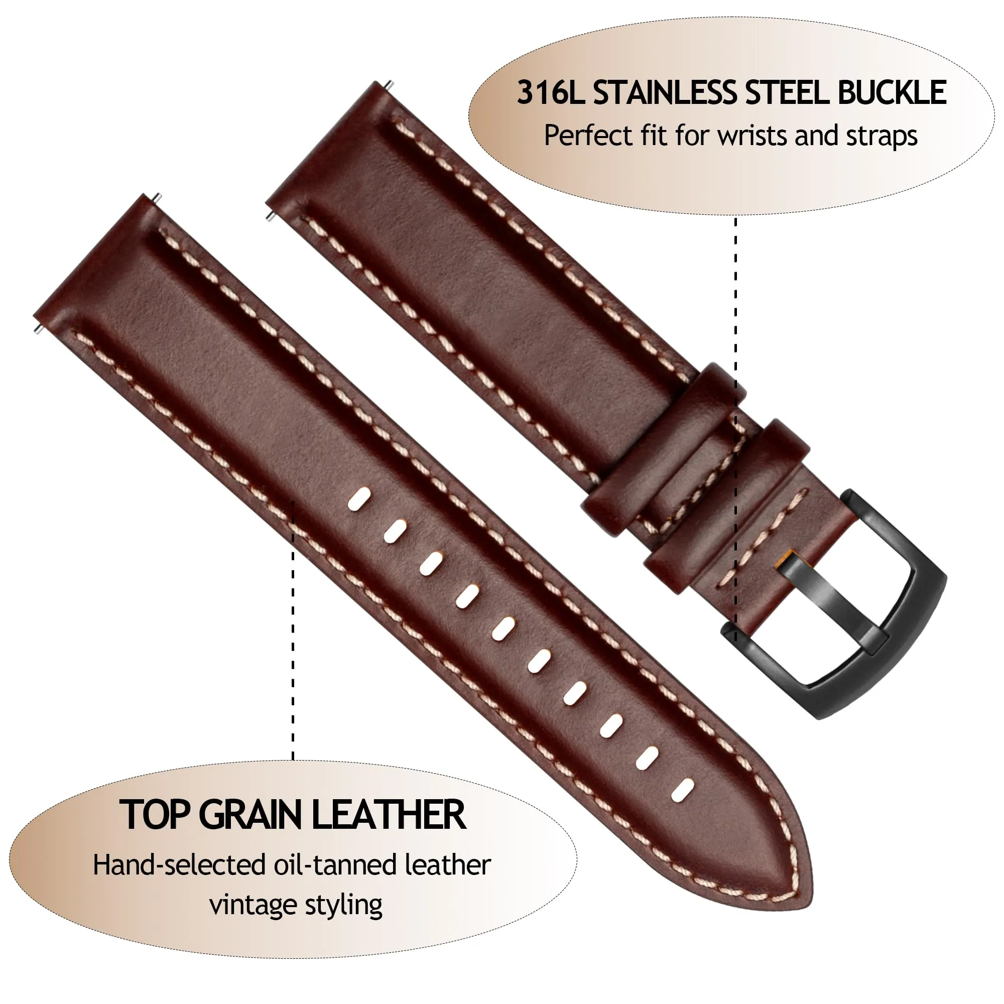 CORROPELLE Cinturini Orologio in Pelle a Sgancio Rapido 18mm 19mm 20mm 21mm 22mm, Elegante Cinturino Vera Pelle Alta qualità Cinturini Ricambio per Uomo Donna, Orologio e Smartwatch - immagine 2