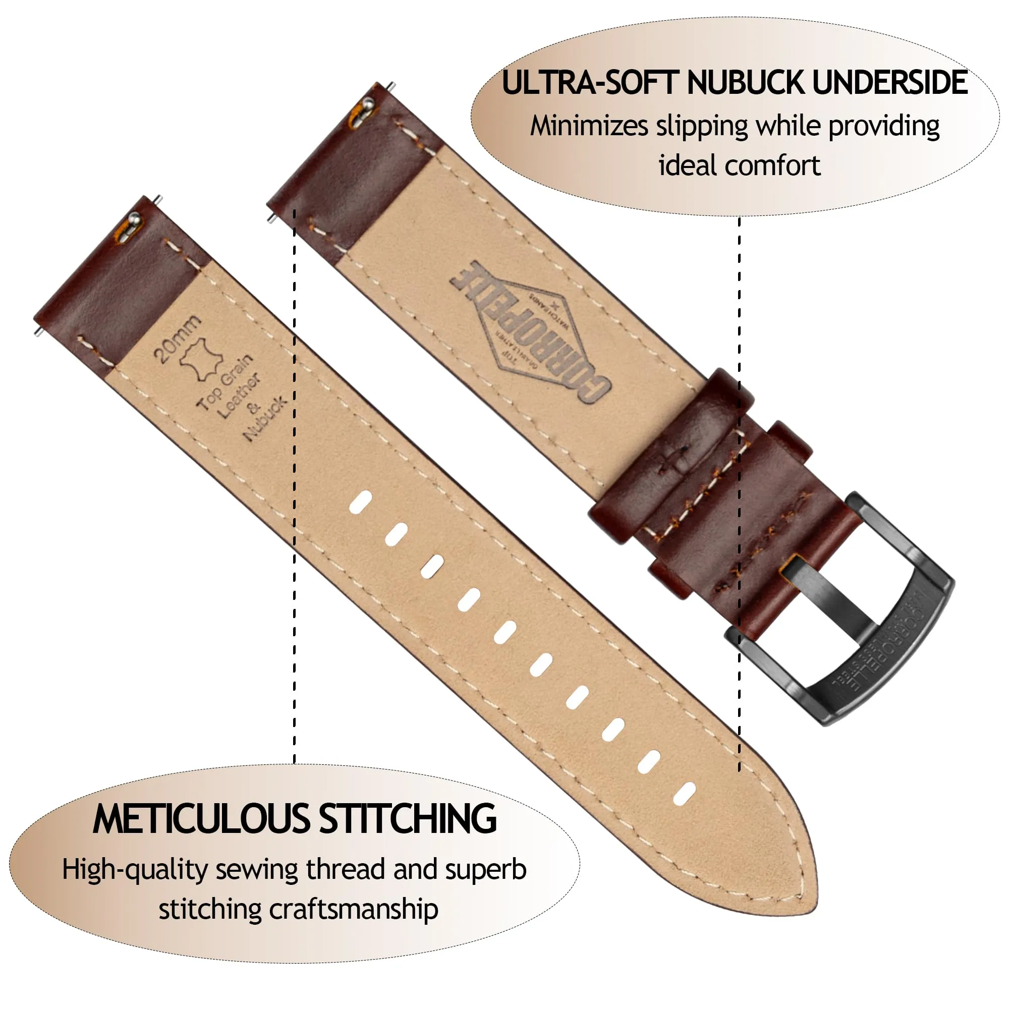 CORROPELLE Cinturini Orologio in Pelle a Sgancio Rapido 18mm 19mm 20mm 21mm 22mm, Elegante Cinturino Vera Pelle Alta qualità Cinturini Ricambio per Uomo Donna, Orologio e Smartwatch - immagine 3