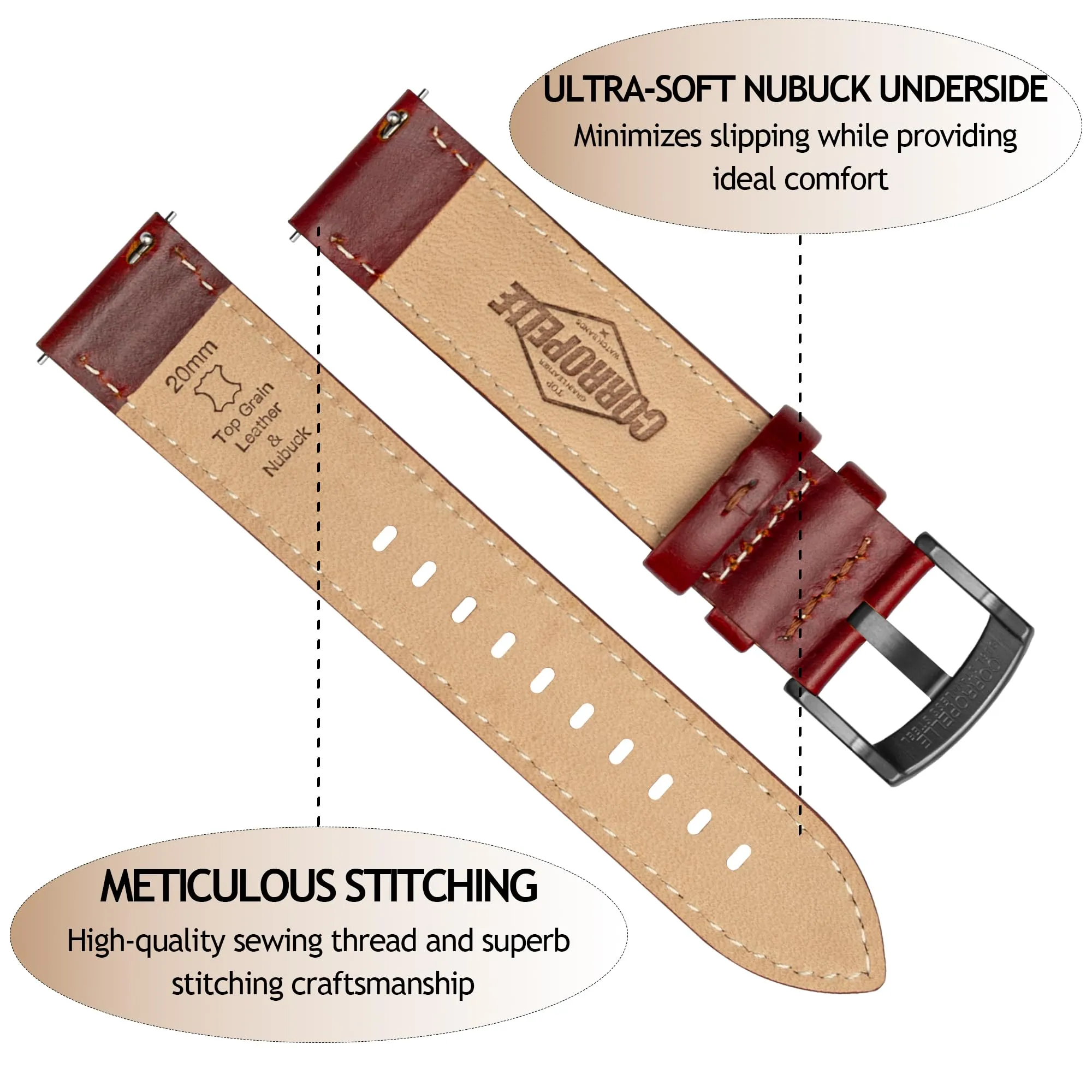 CORROPELLE Cinturini Orologio in Pelle a Sgancio Rapido 18mm 19mm 20mm 21mm 22mm, Elegante Cinturino Vera Pelle Alta qualità Cinturini Ricambio per Uomo Donna, Orologio e Smartwatch - immagine 3