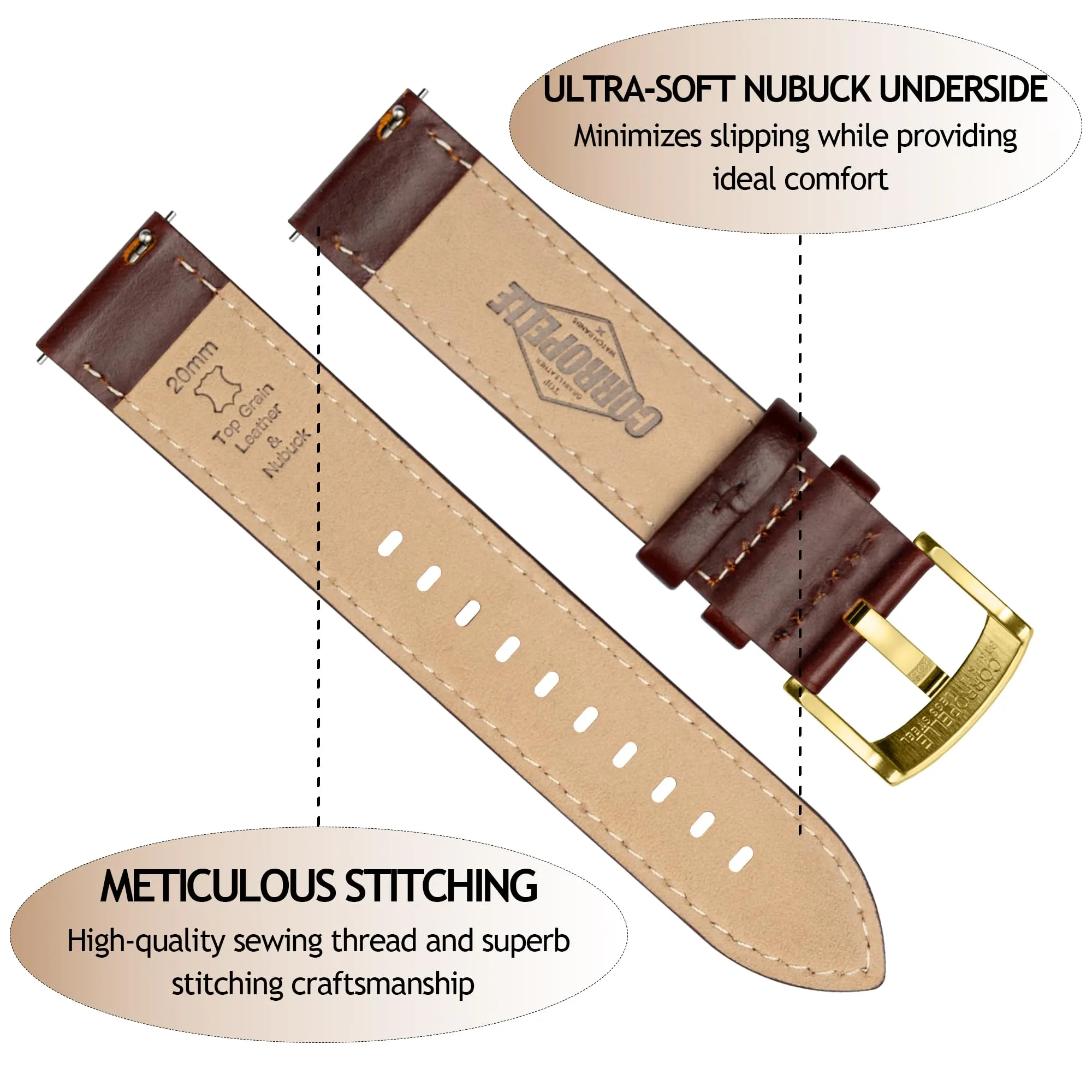 CORROPELLE Cinturini Orologio in Pelle a Sgancio Rapido 18mm 19mm 20mm 21mm 22mm, Elegante Cinturino Vera Pelle Alta qualità Cinturini Ricambio per Uomo Donna, Orologio e Smartwatch - immagine 3