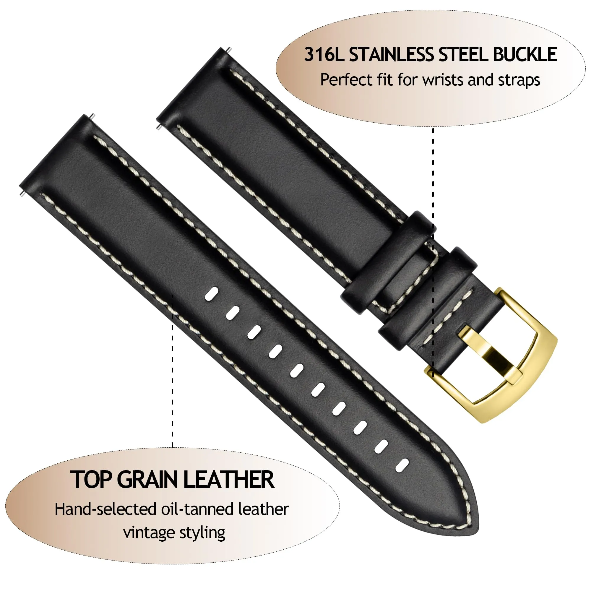 CORROPELLE Cinturini Orologio in Pelle a Sgancio Rapido 18mm 19mm 20mm 21mm 22mm, Elegante Cinturino Vera Pelle Alta qualità Cinturini Ricambio per Uomo Donna, Orologio e Smartwatch - immagine 2