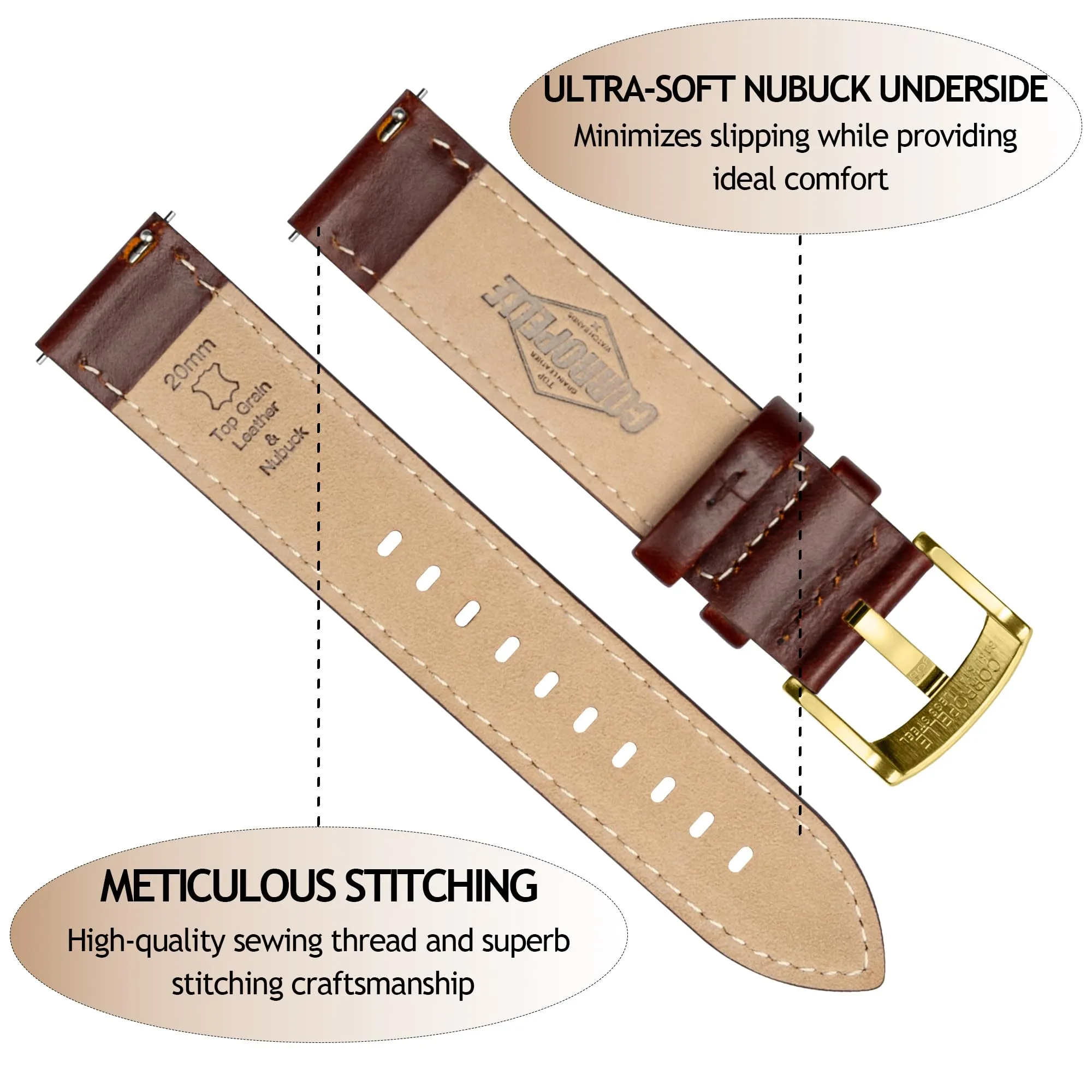 CORROPELLE Cinturini Orologio in Pelle a Sgancio Rapido 18mm 19mm 20mm 21mm 22mm, Elegante Cinturino Vera Pelle Alta qualità Cinturini Ricambio per Uomo Donna, Orologio e Smartwatch - immagine 3