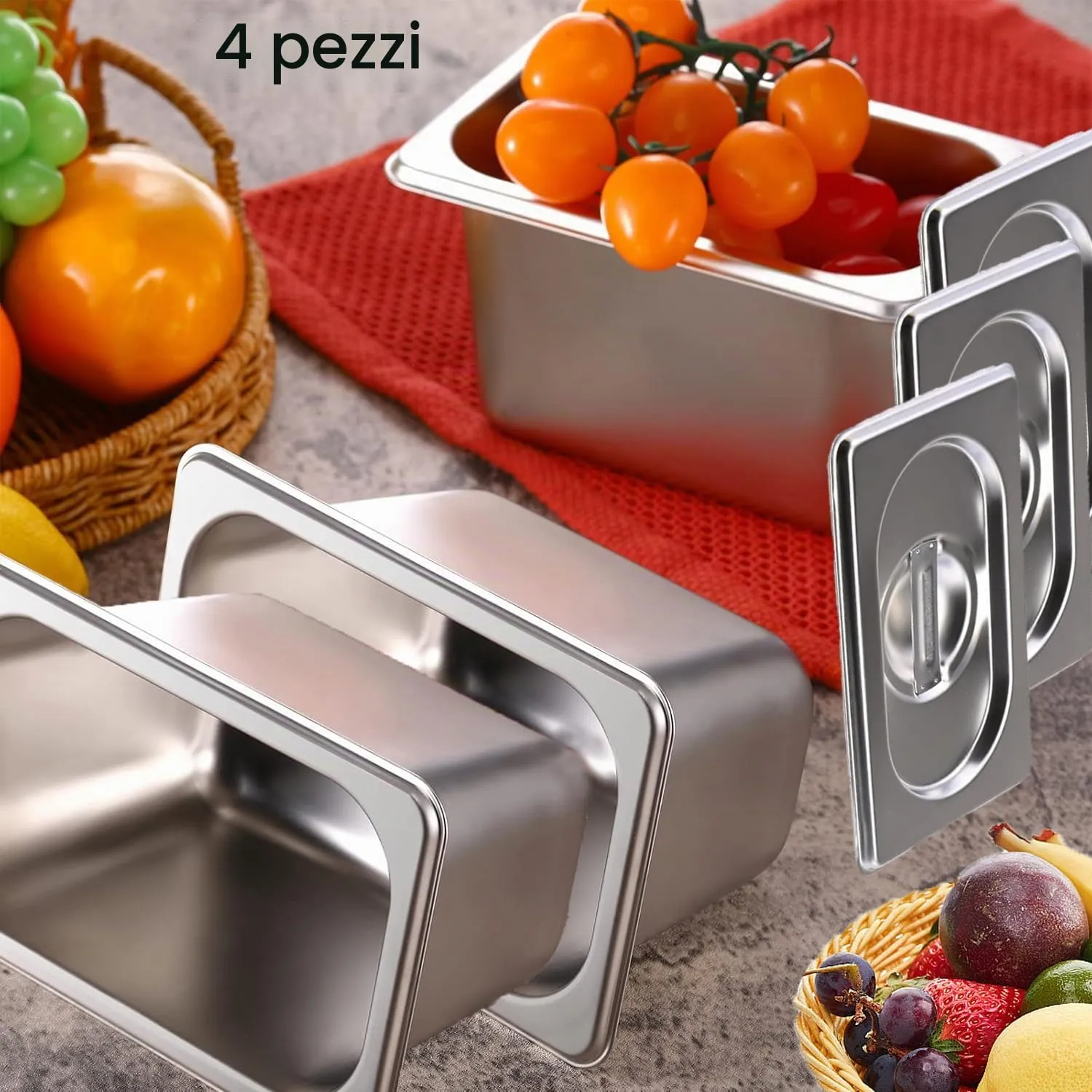 ORFCP 4 Pezzi Contenitori GN 1/9, Contenitori Gastro, in Acciaio Inox con Coperchio - immagine 2