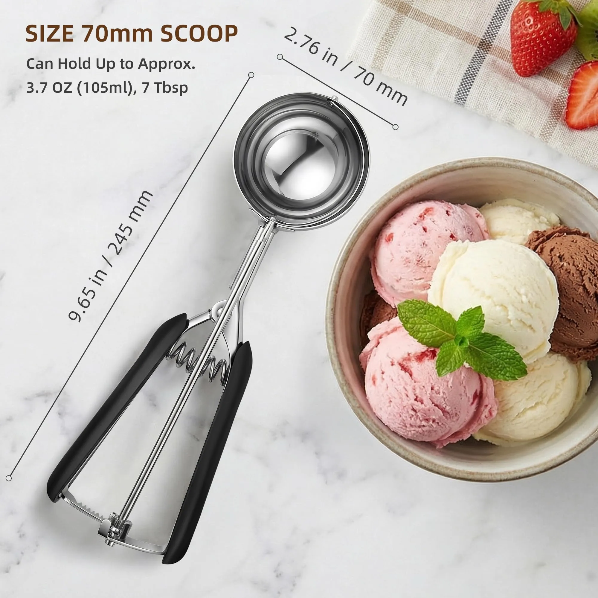 TJ POP Paletta grande per gelato, 7 cm, in acciaio inox, con rilascio facile, buona presa per gelato, polpette di melone, polpette e purè di patate - immagine 2