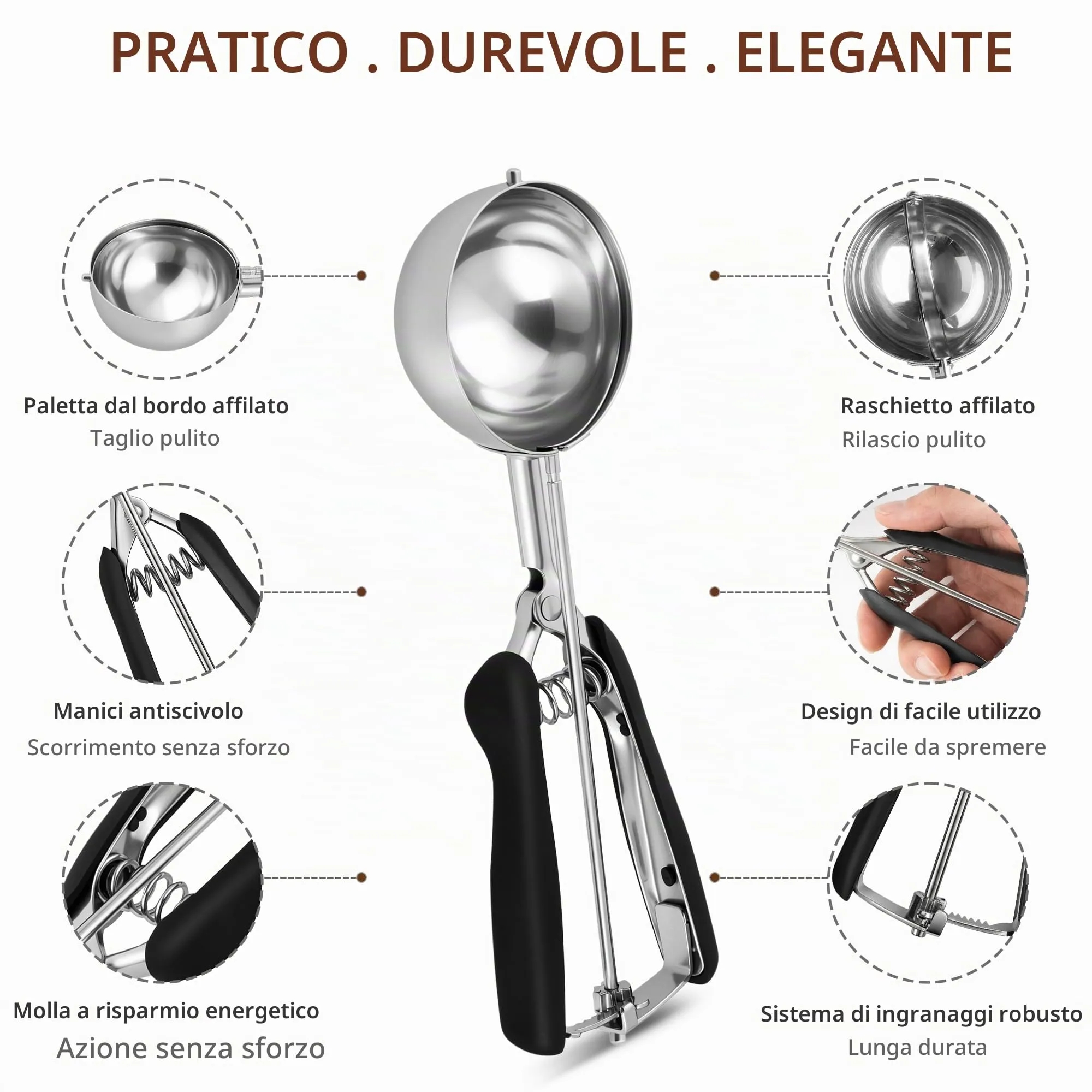 TJ POP Paletta grande per gelato, 7 cm, in acciaio inox, con rilascio facile, buona presa per gelato, polpette di melone, polpette e purè di patate - immagine 3