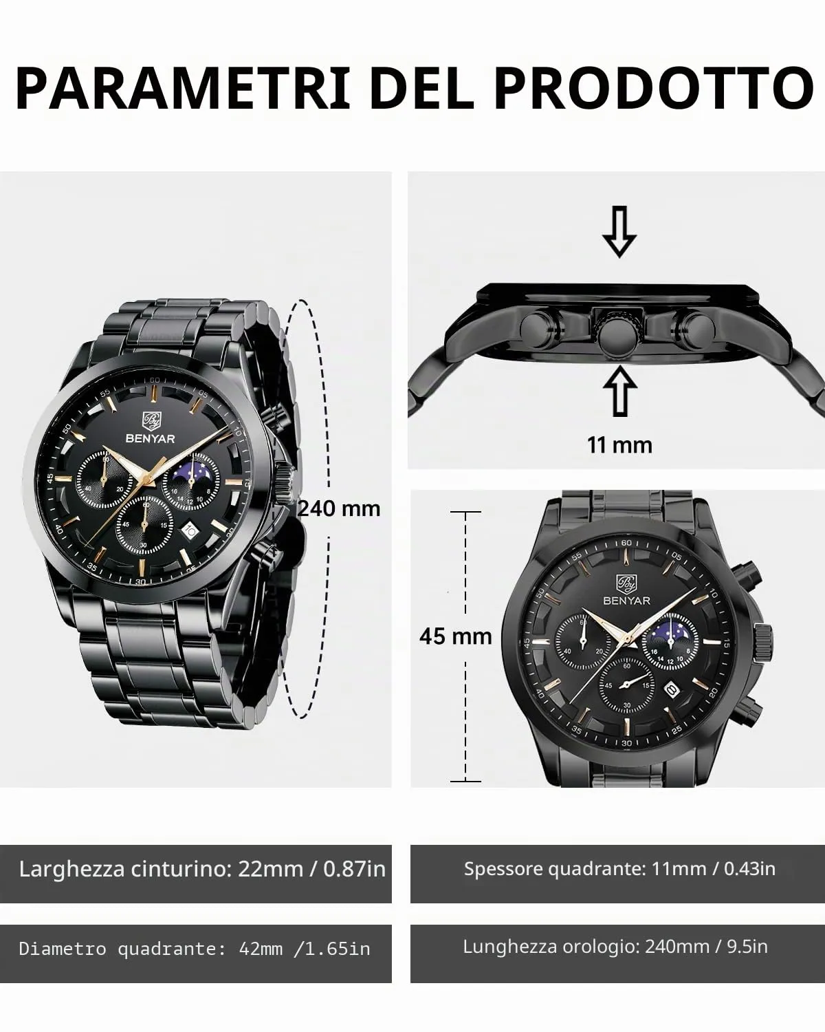BENYAR BY Orologio da uomo quarzo analogico Cronografi Orologi uomo Regali - immagine 5