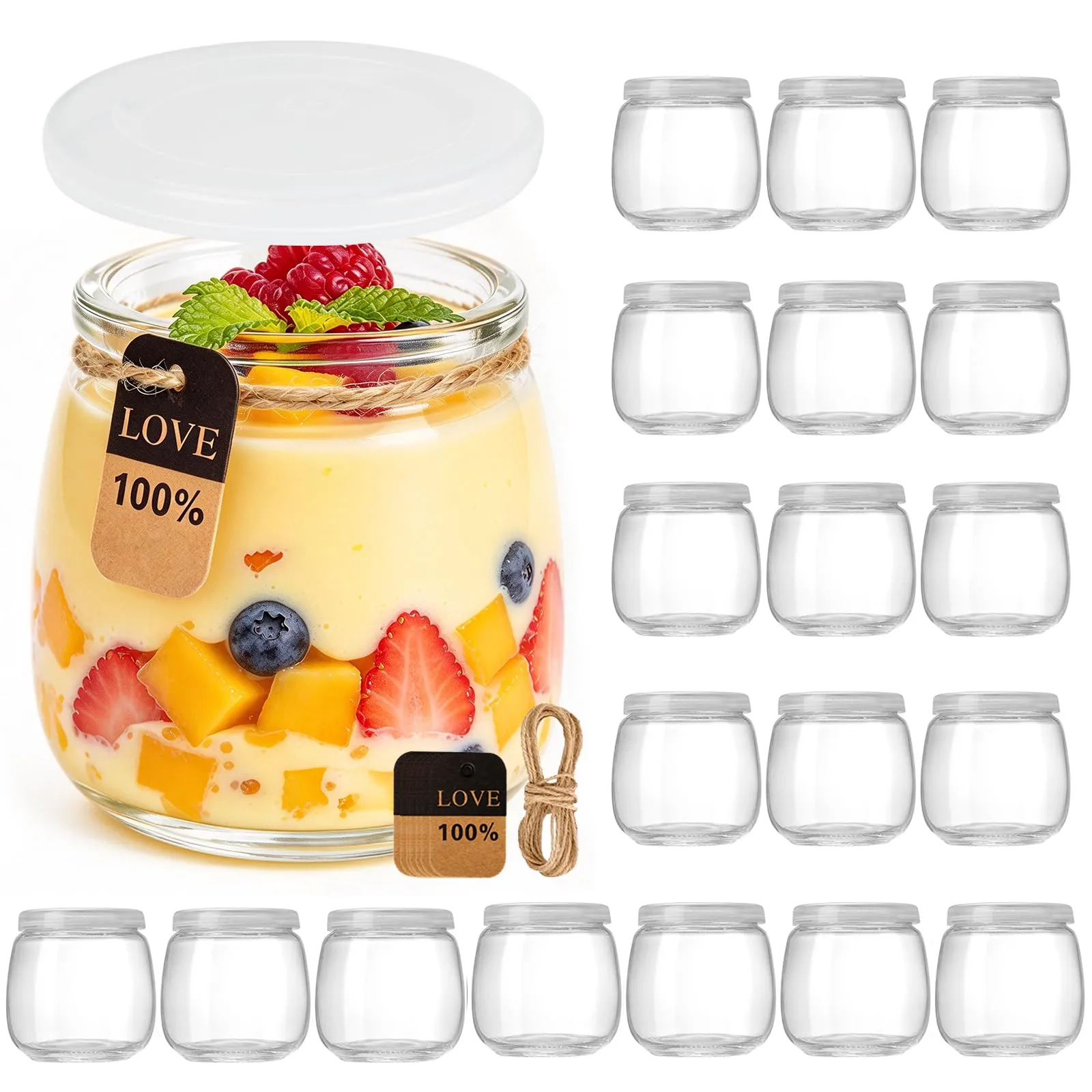 UBBOY Set di 20 Barattoli per Yogurt con Coperchio, 200 ml, Trasparenti - immagine 1