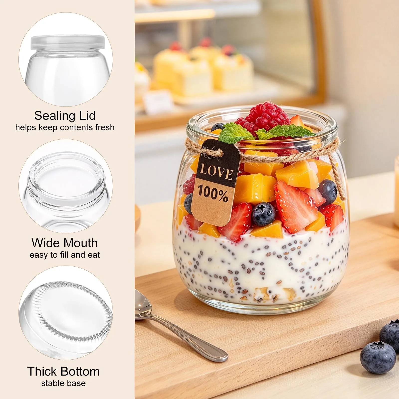 UBBOY Set di 20 Barattoli per Yogurt con Coperchio, 200 ml, Trasparenti - immagine 4