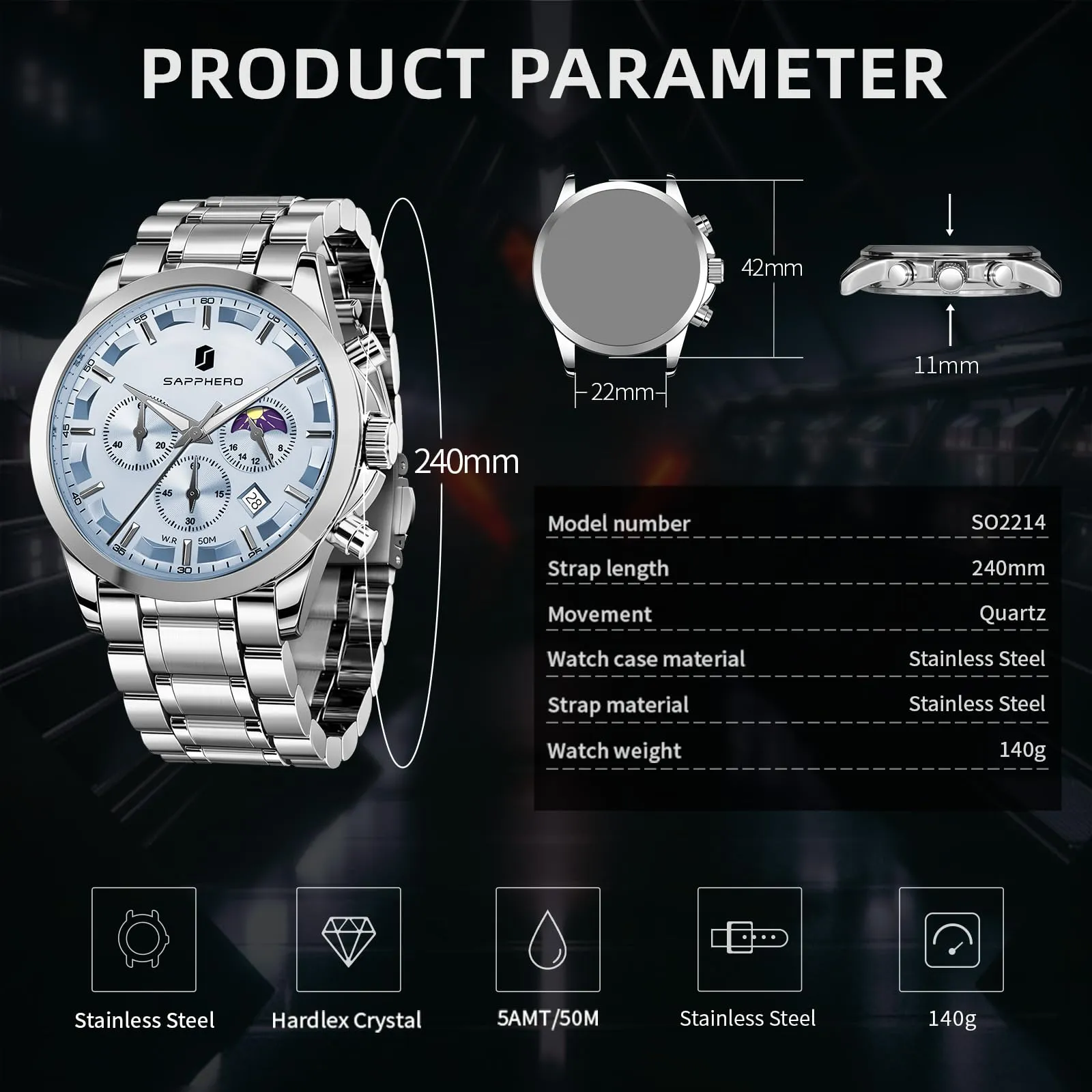 BENYAR BY Orologio da uomo quarzo analogico Cronografi Orologi uomo Regali - immagine 5
